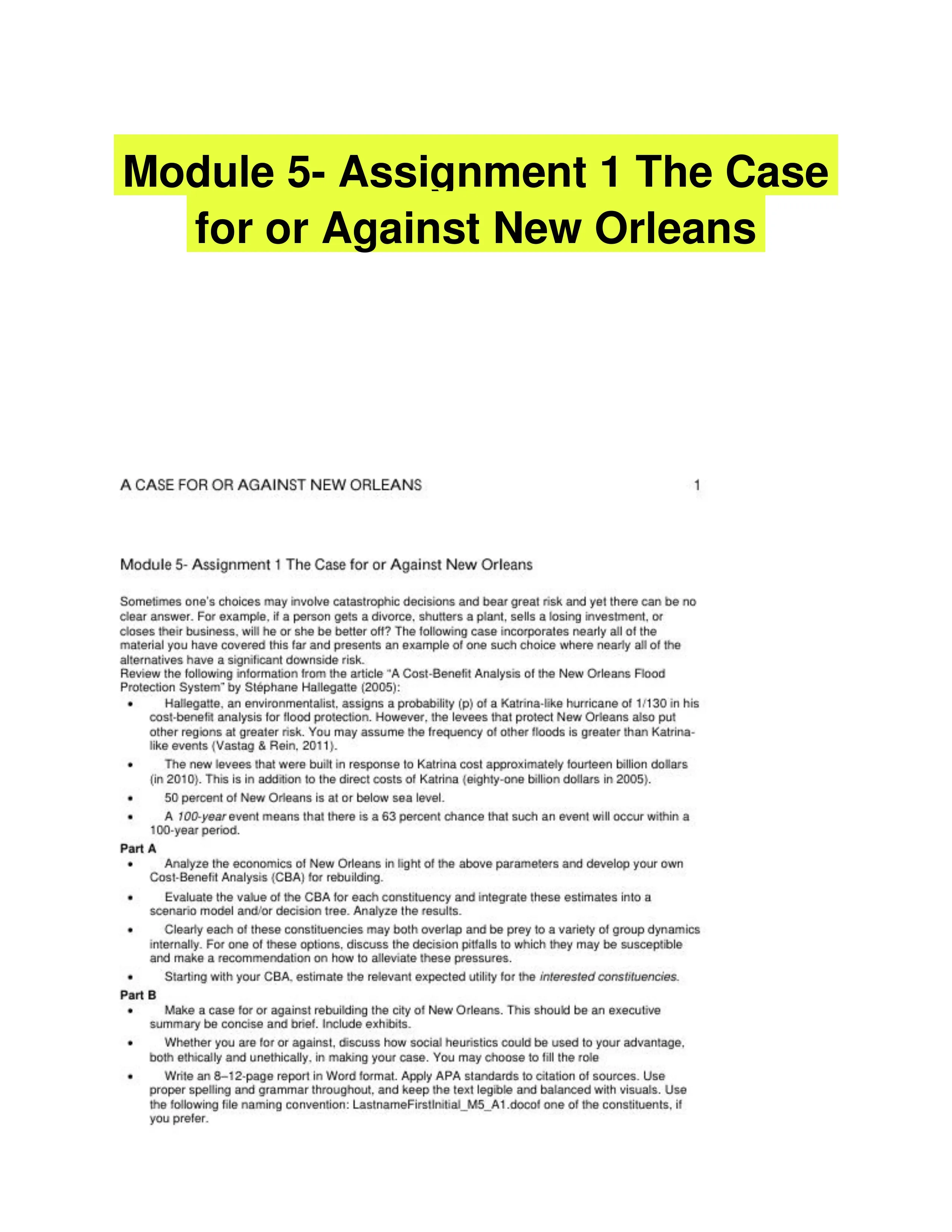Module 5- Assignment 1 The Case for or Against New Orleans