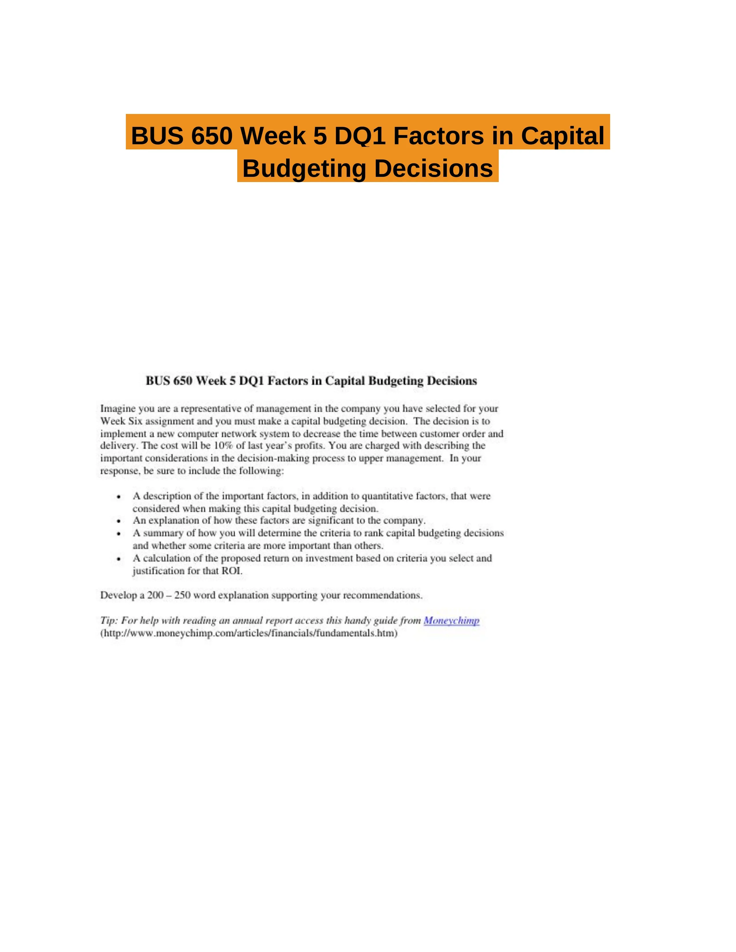BUS 650 Week 5 DQ1 Factors in Capital Budgeting Decisions