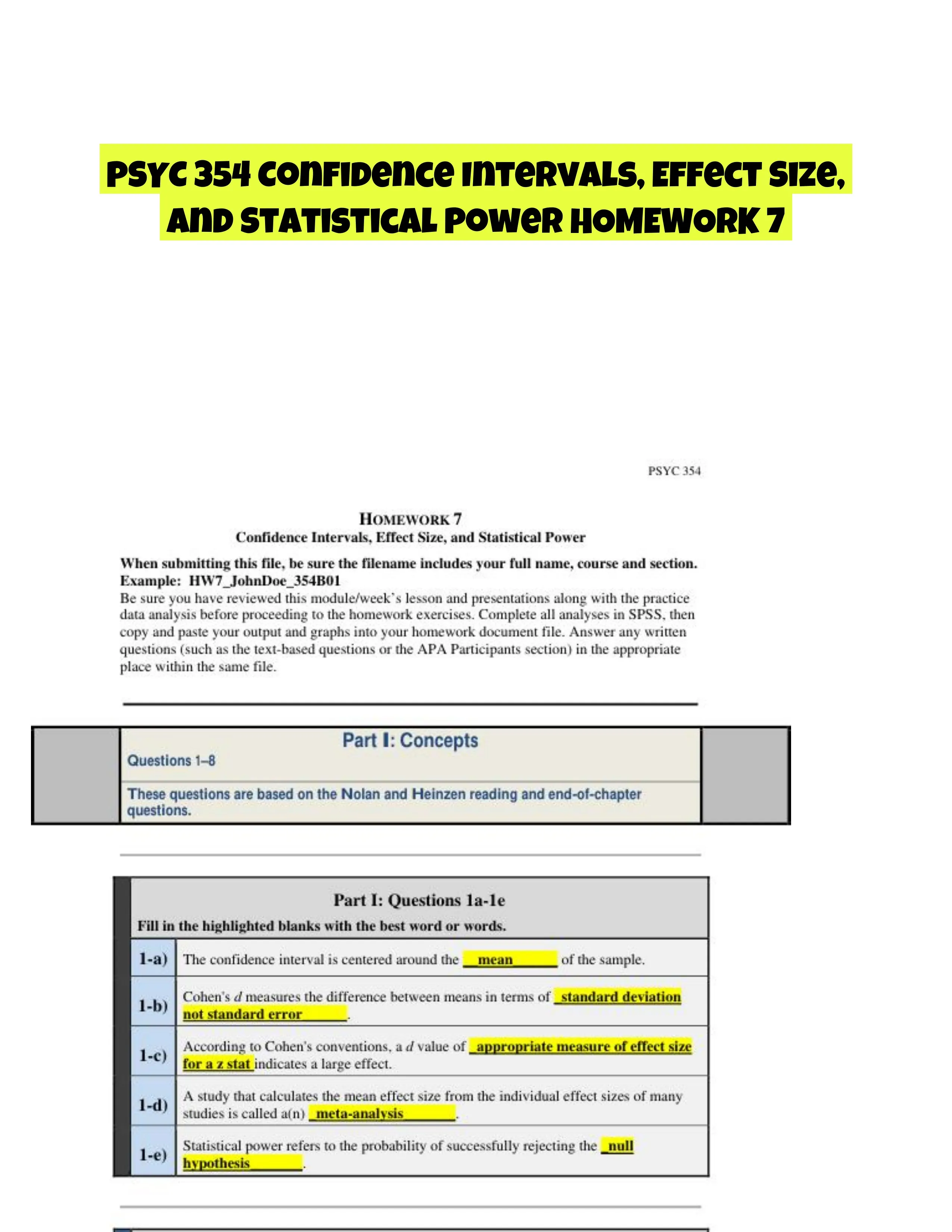 PSYC 354 Confidence Intervals, Effect Size, and Statistical Power HOMEWORK 7