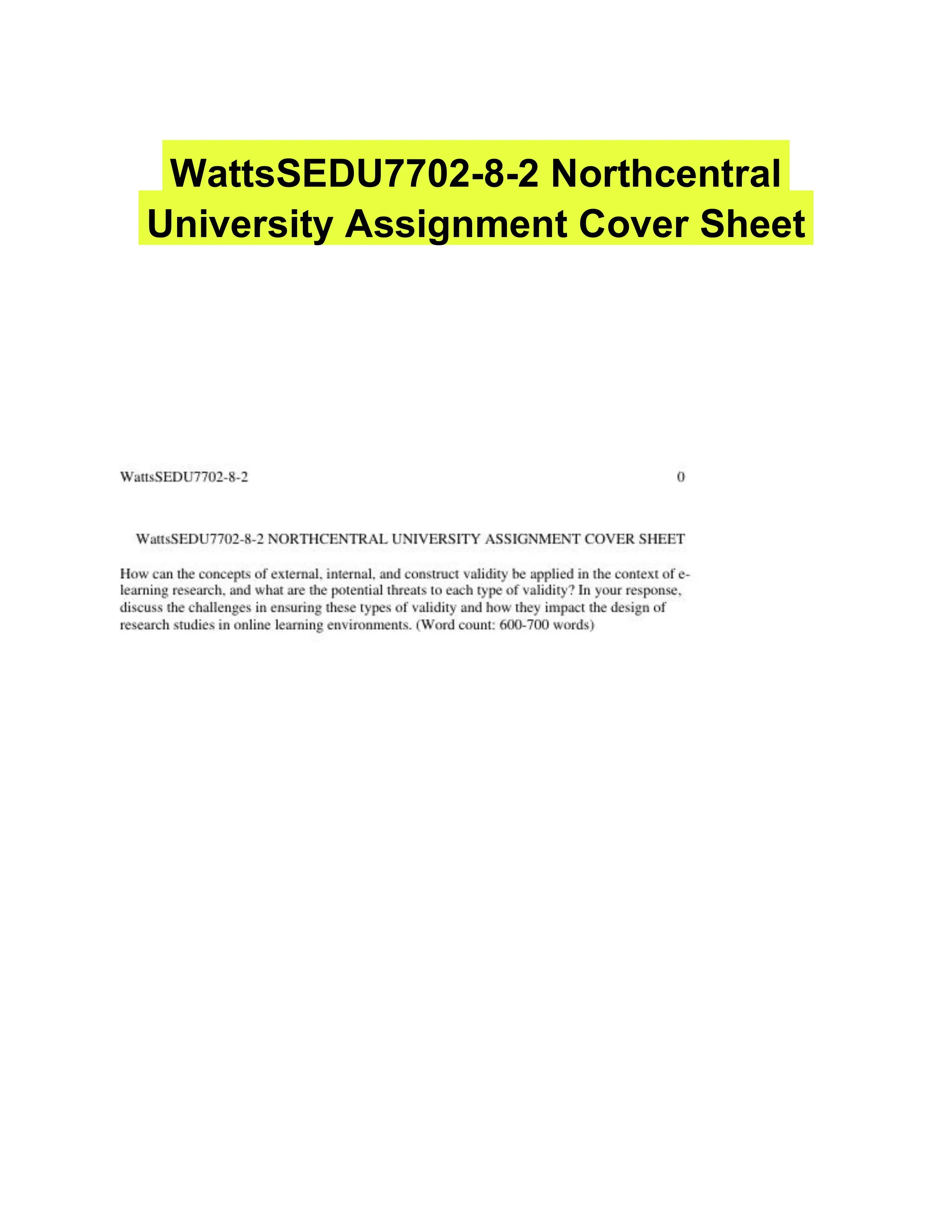 WattsSEDU7702-8-2 Northcentral University Assignment Cover Sheet