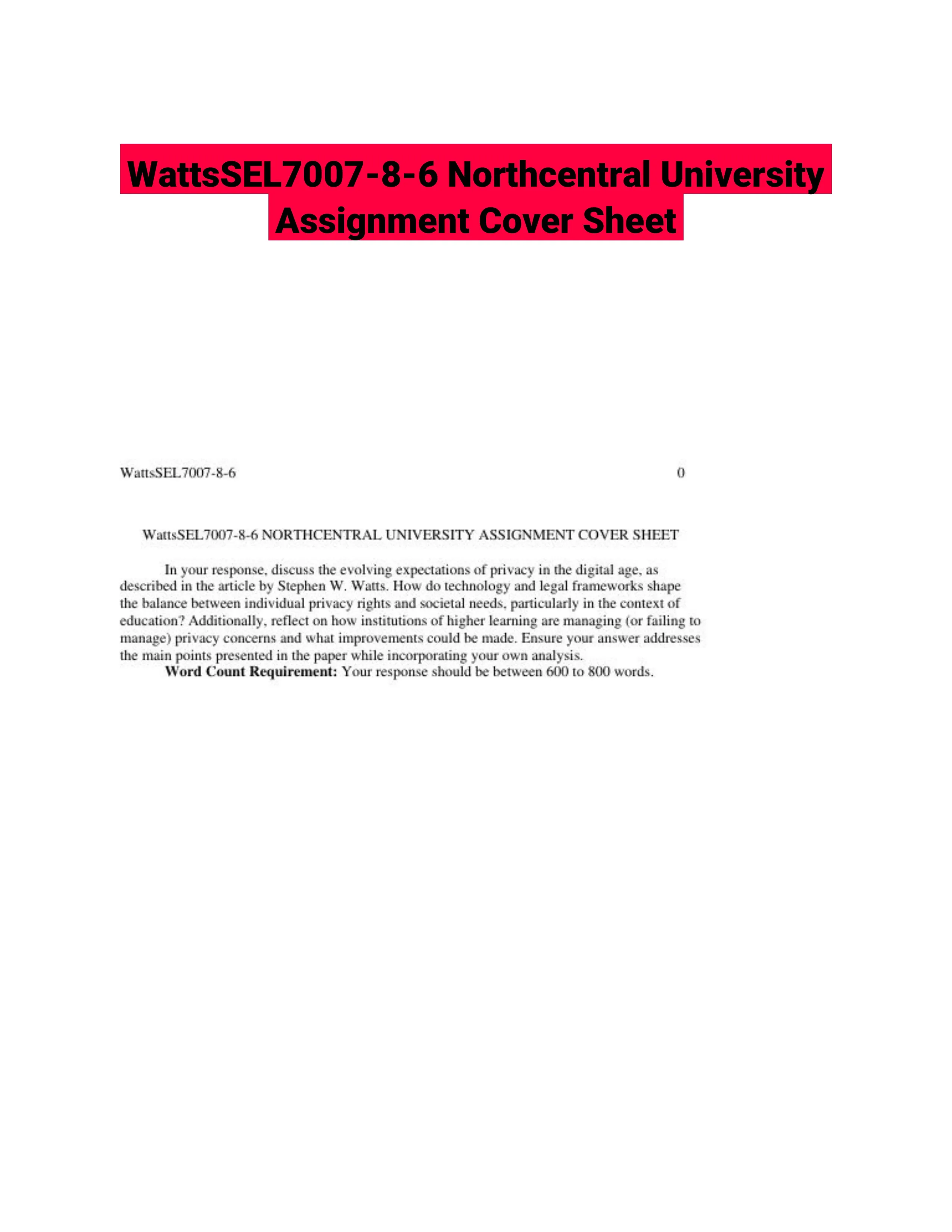 WattsSEL7007-8-6 Northcentral University Assignment Cover Sheet