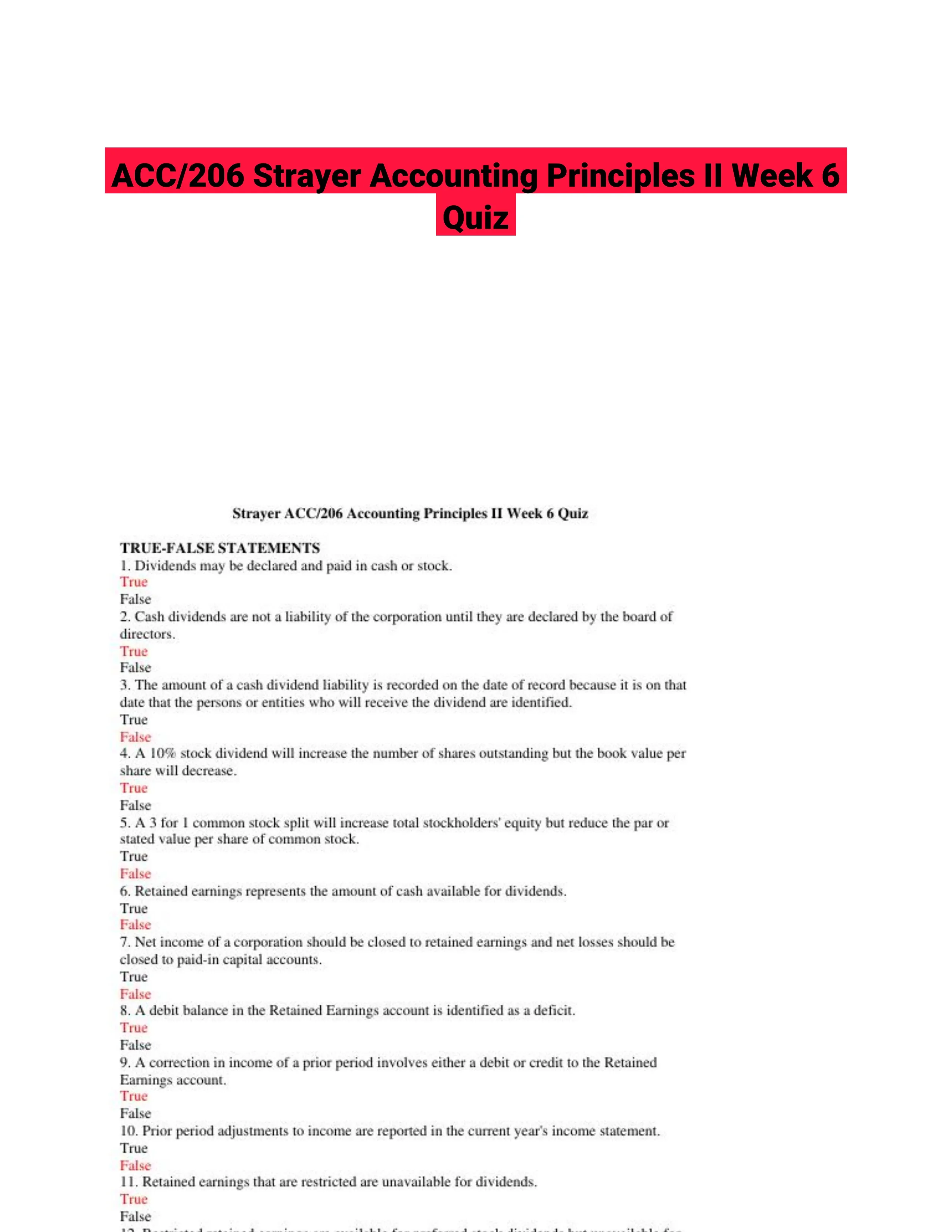 ACC/206 Strayer Accounting Principles II Week 6 Quiz