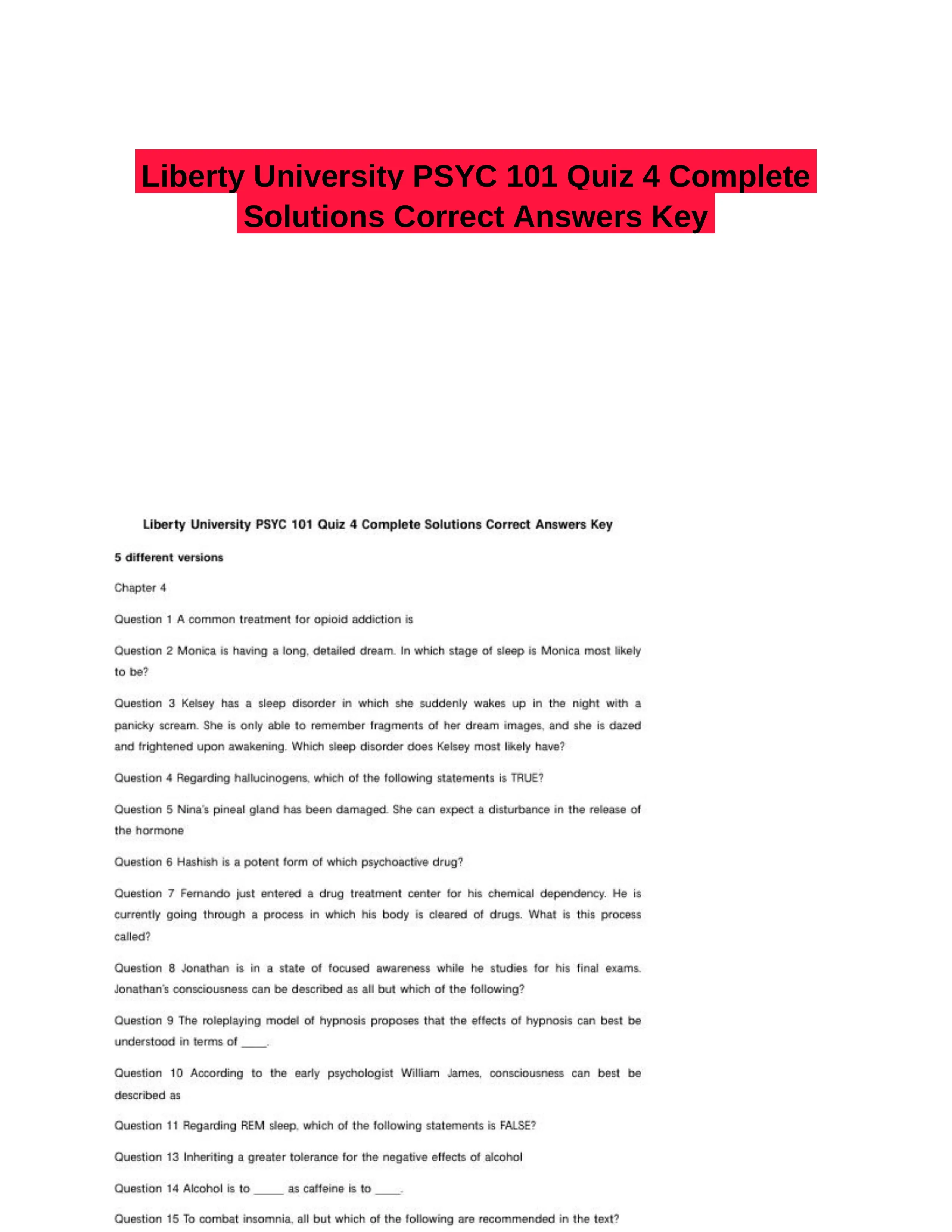 Liberty University PSYC 101 Quiz 4 Complete Solutions Correct Answers Key