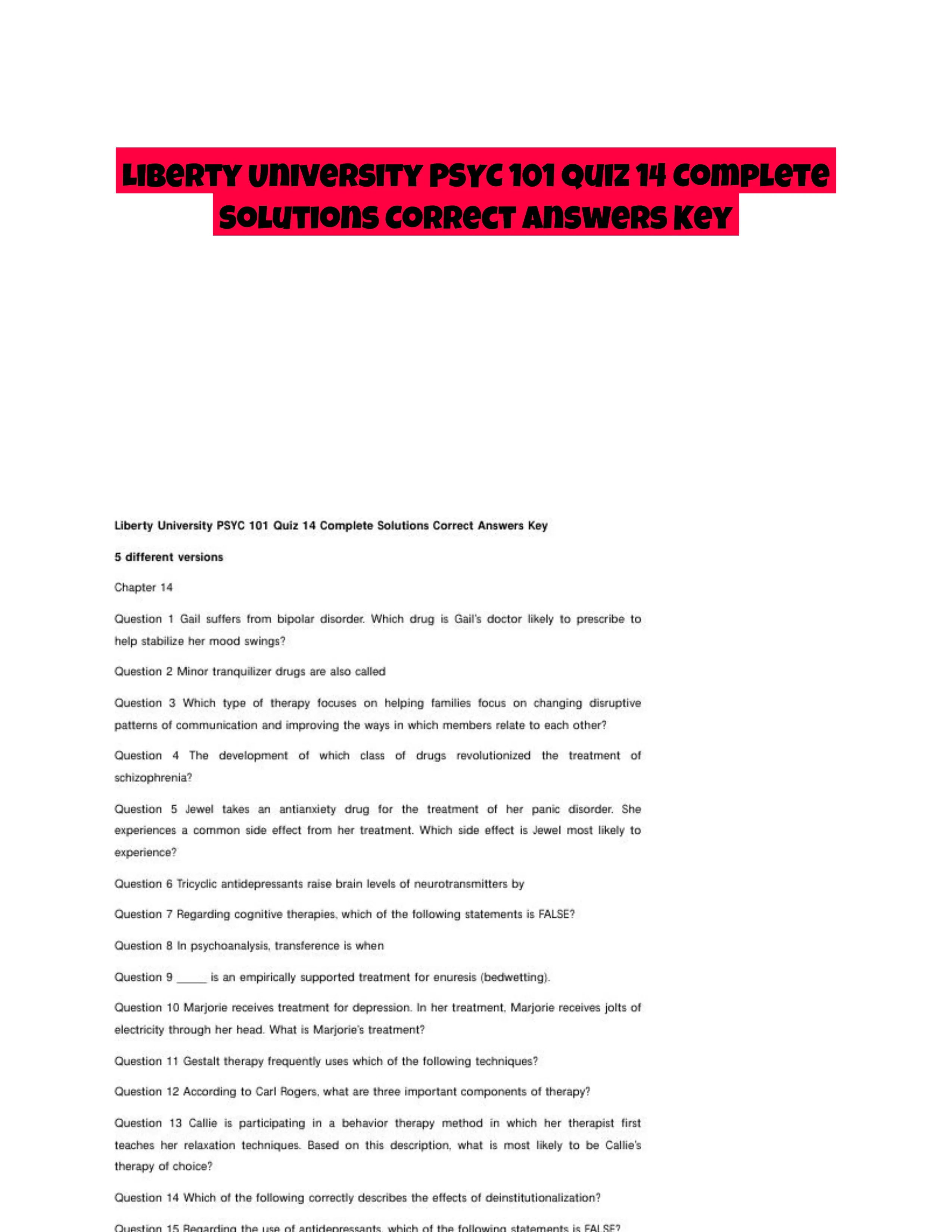 Liberty University PSYC 101 Quiz 14 Complete Solutions Correct Answers Key