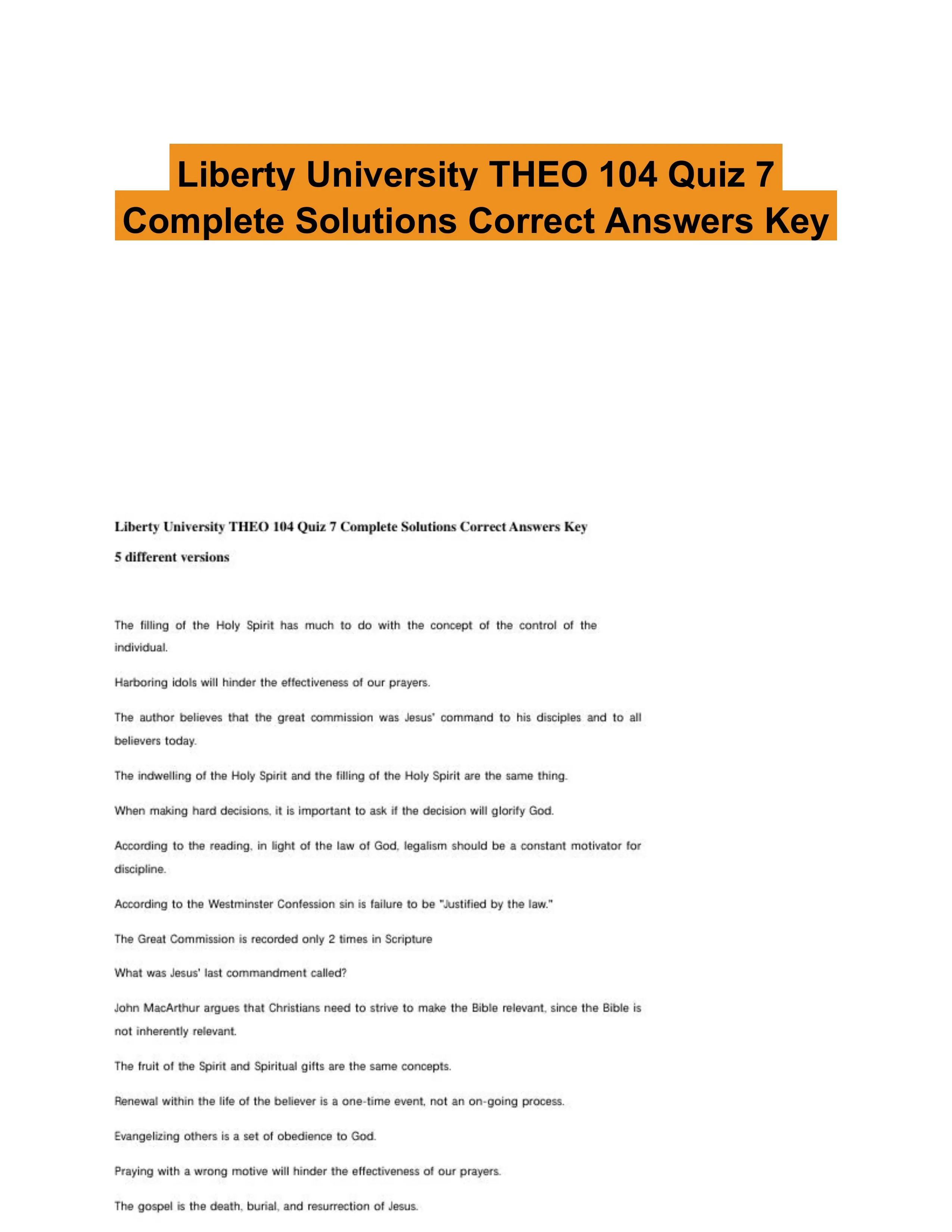 Liberty University THEO 104 Quiz 7 Complete Solutions Correct Answers Key