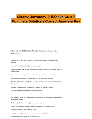 Liberty University THEO 104 Quiz 7 Complete Solutions Correct Answers Key