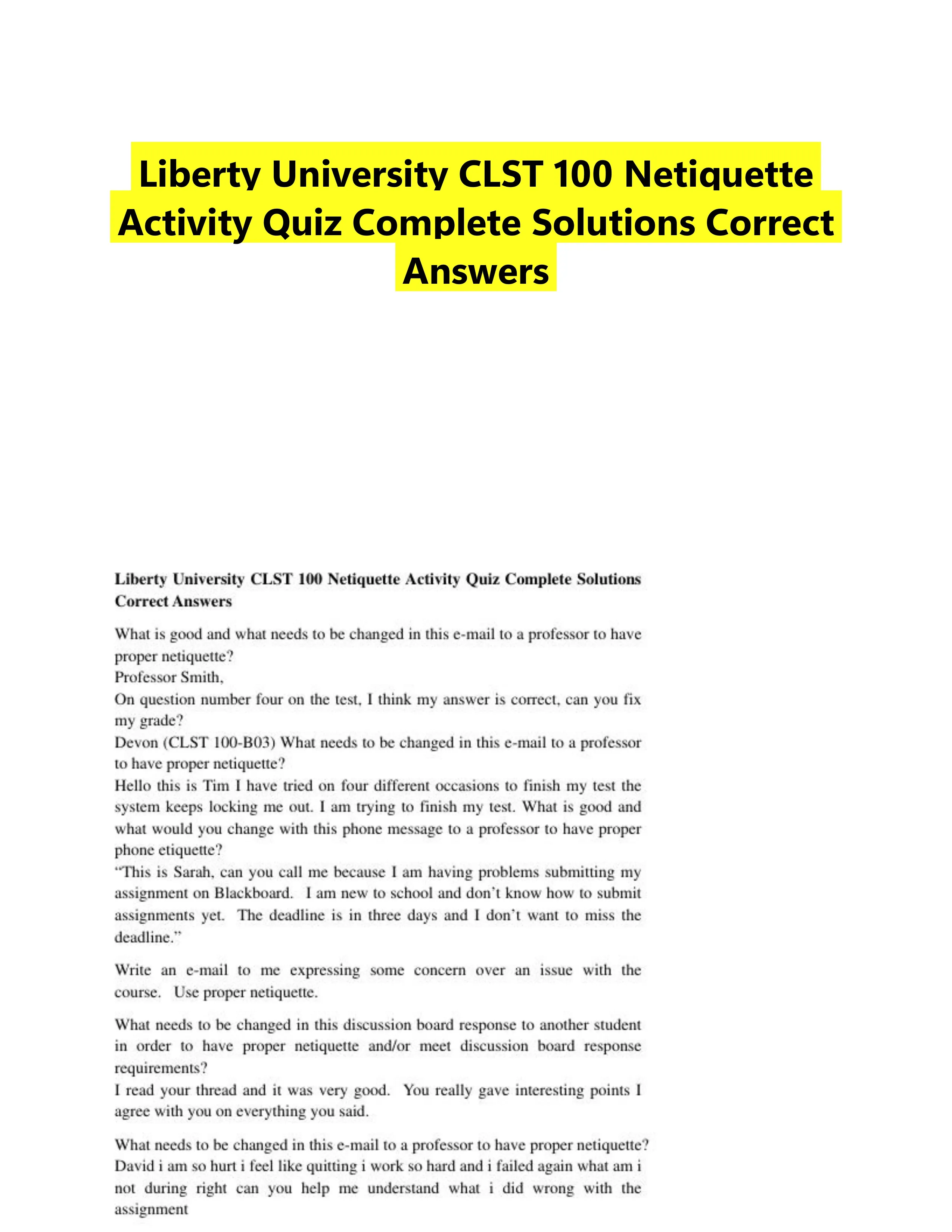 Liberty University CLST 100 Netiquette Activity Quiz Complete Solutions Correct Answers
