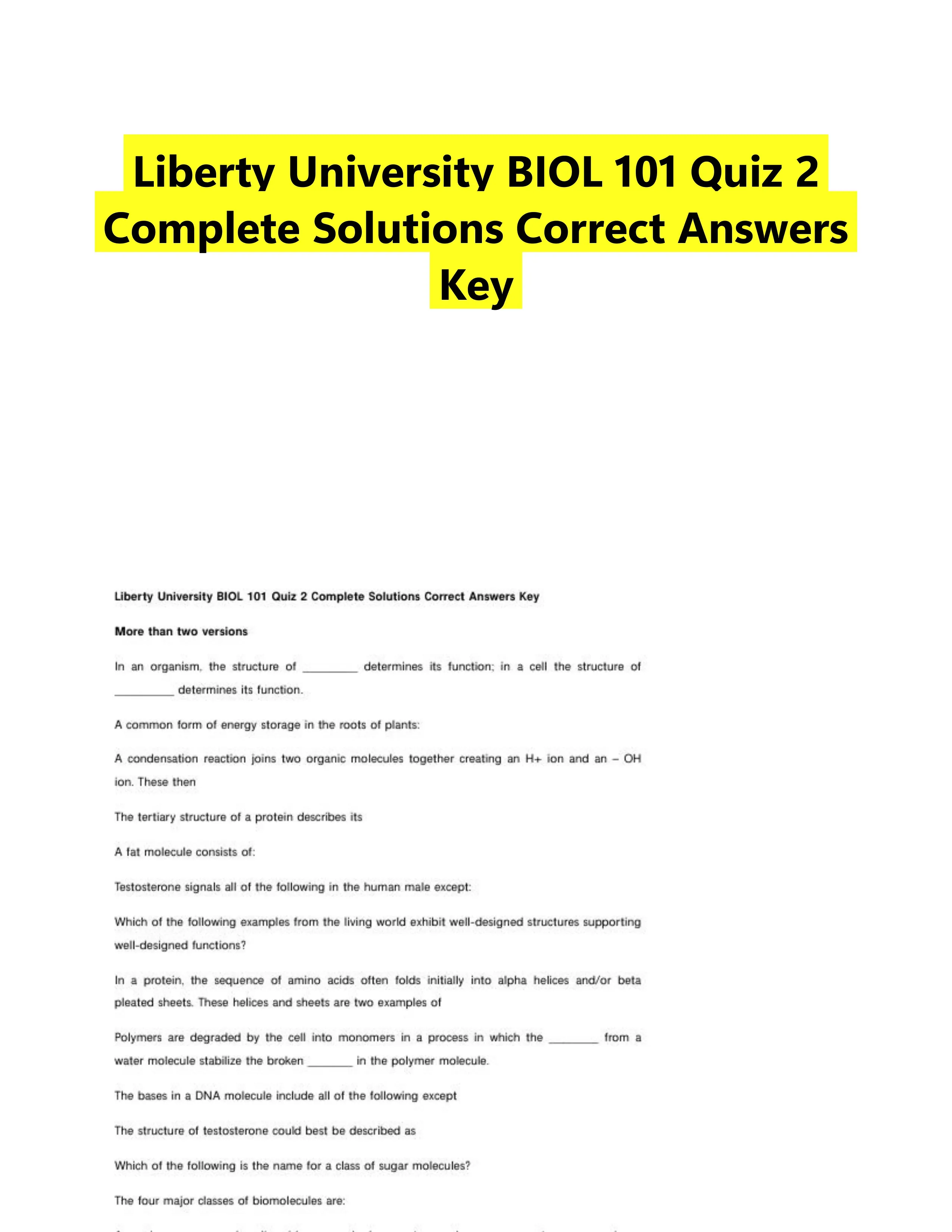Liberty University BIOL 101 Quiz 2 Complete Solutions Correct Answers Key