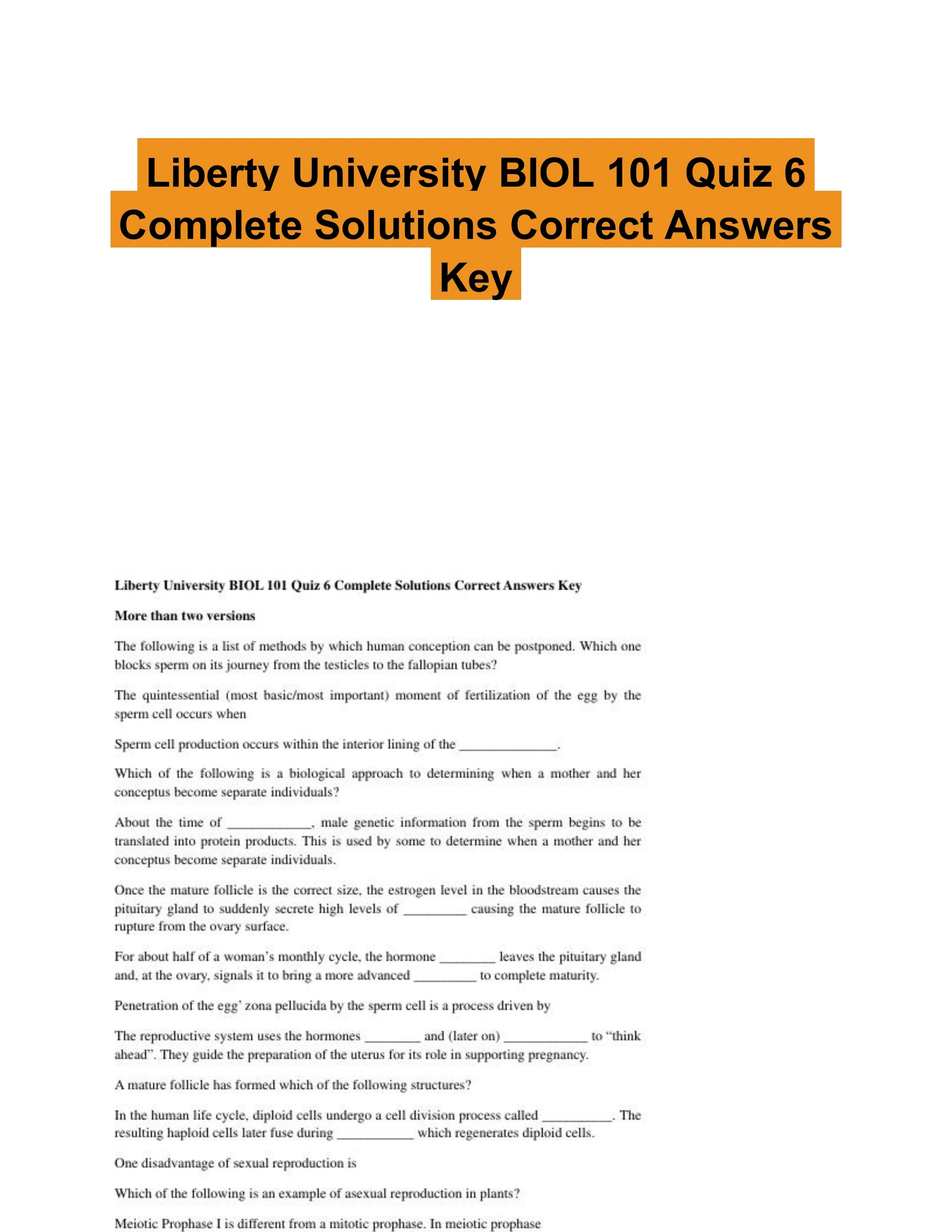 Liberty University BIOL 101 Quiz 6 Complete Solutions Correct Answers Key