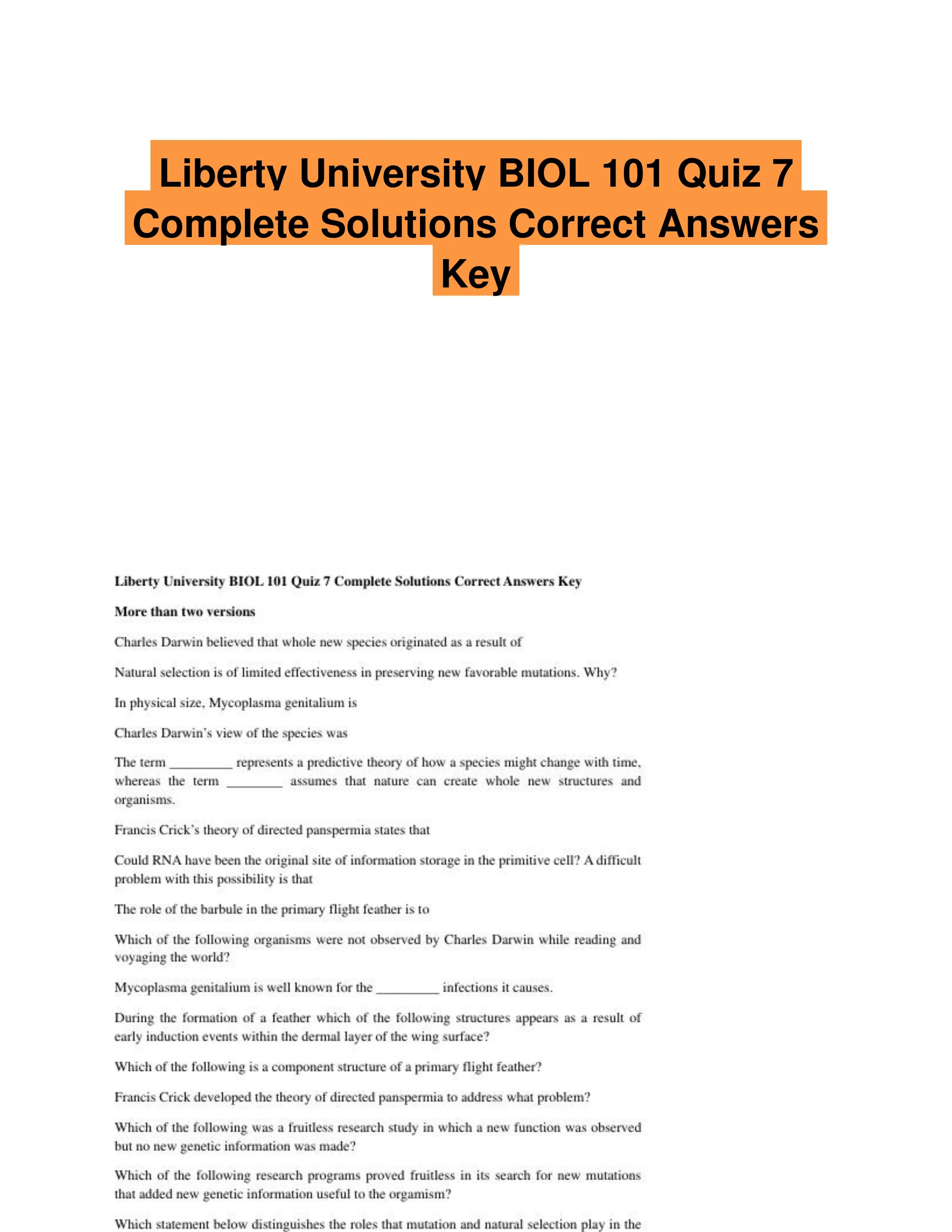 Liberty University BIOL 101 Quiz 7 Complete Solutions Correct Answers Key