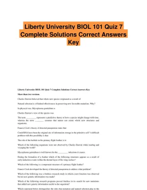 Liberty University BIOL 101 Quiz 7 Complete Solutions Correct Answers Key