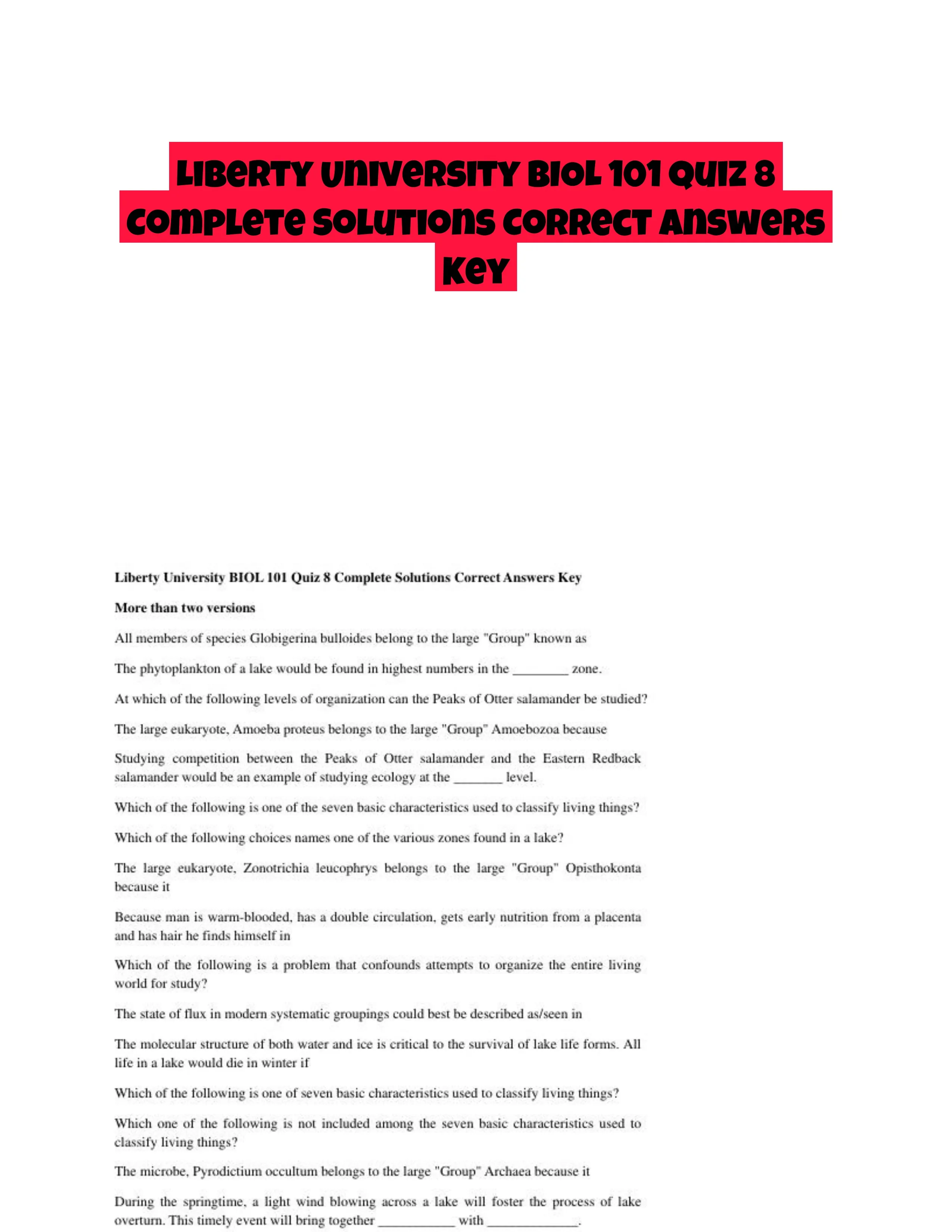 Liberty University BIOL 101 Quiz 8 Complete Solutions Correct Answers Key