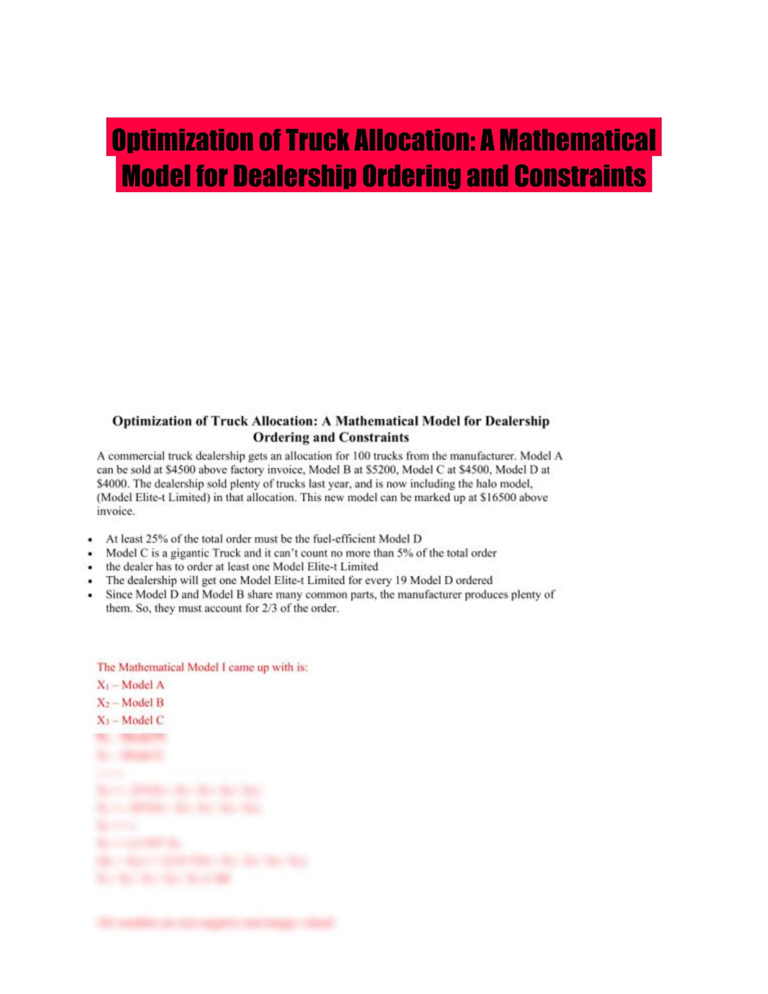 Optimization of Truck Allocation: A Mathematical Model for Dealership Ordering and Constraints