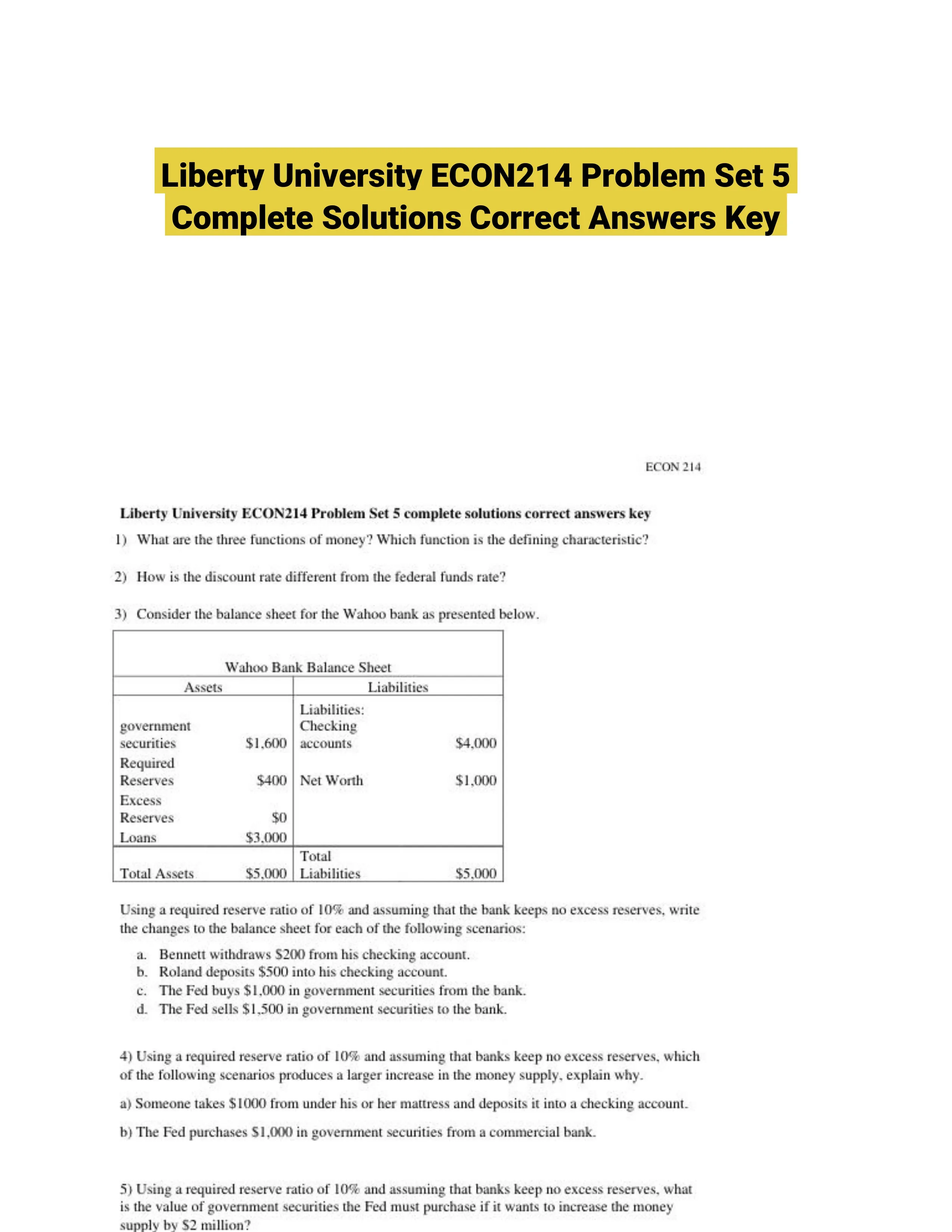 Liberty University ECON214 Problem Set 5 Complete Solutions Correct Answers Key