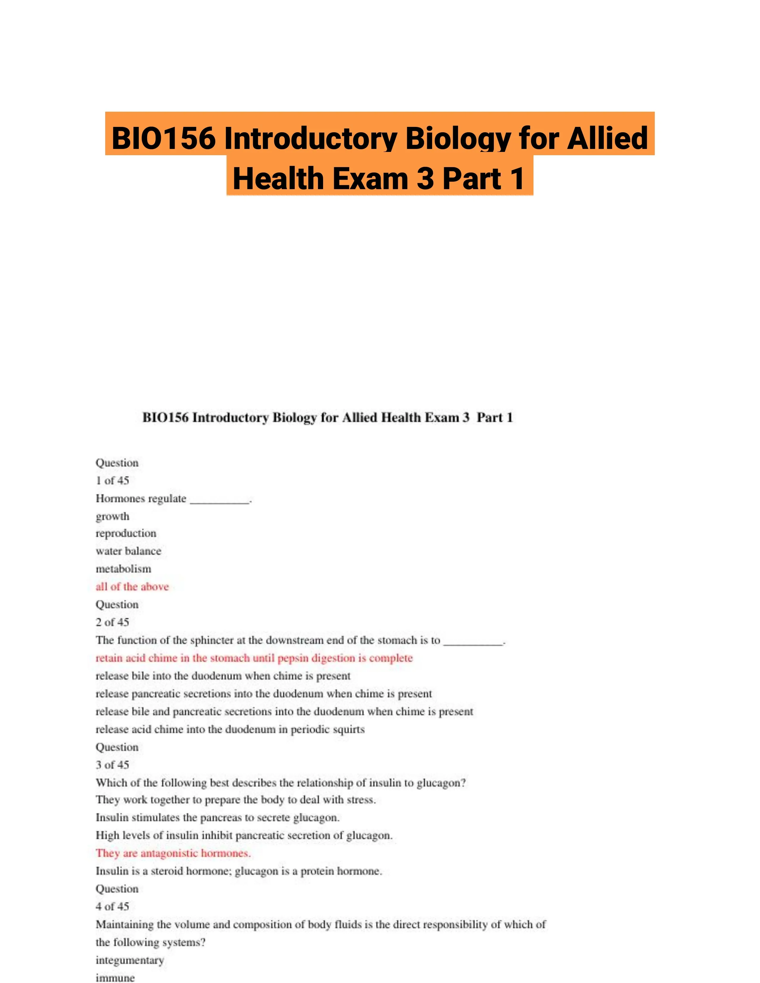 BIO156 Introductory Biology for Allied Health Exam 3 Part 1