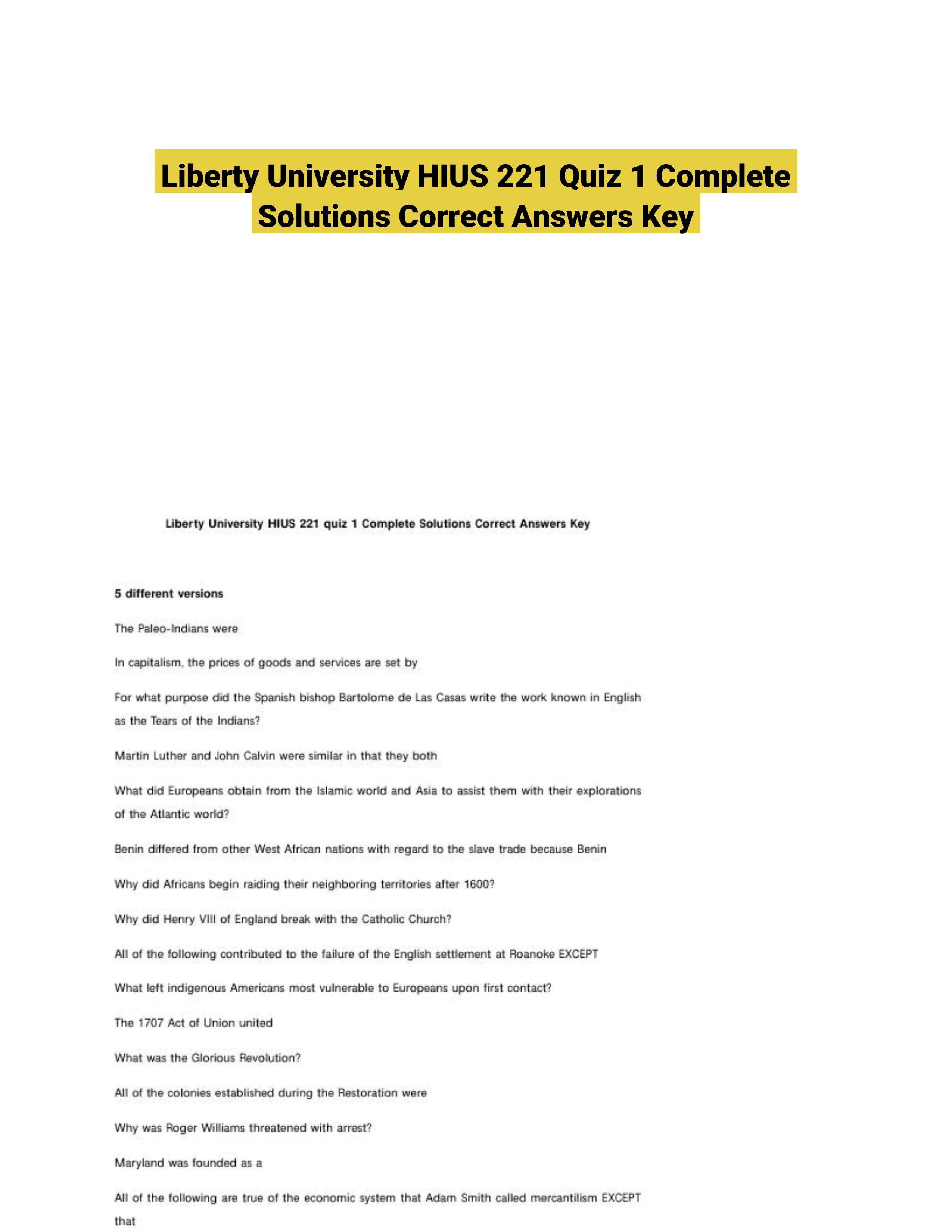 Liberty University HIUS 221 Quiz 1 Complete Solutions Correct Answers Key