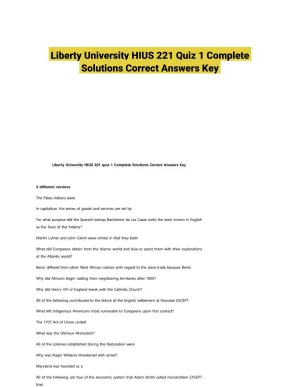 Liberty University HIUS 221 Quiz 1 Complete Solutions Correct Answers Key