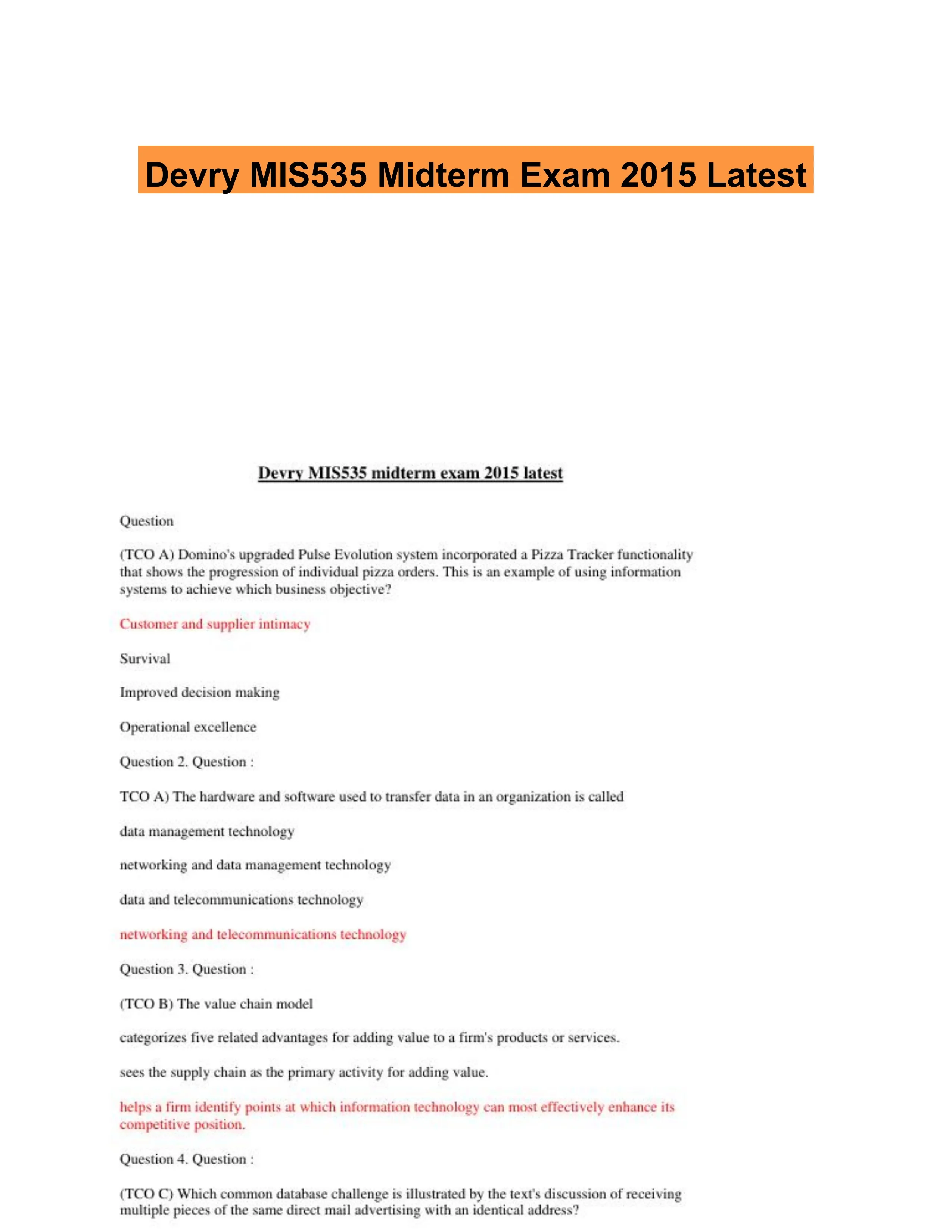 Devry MIS535 Midterm Exam 2015 Latest