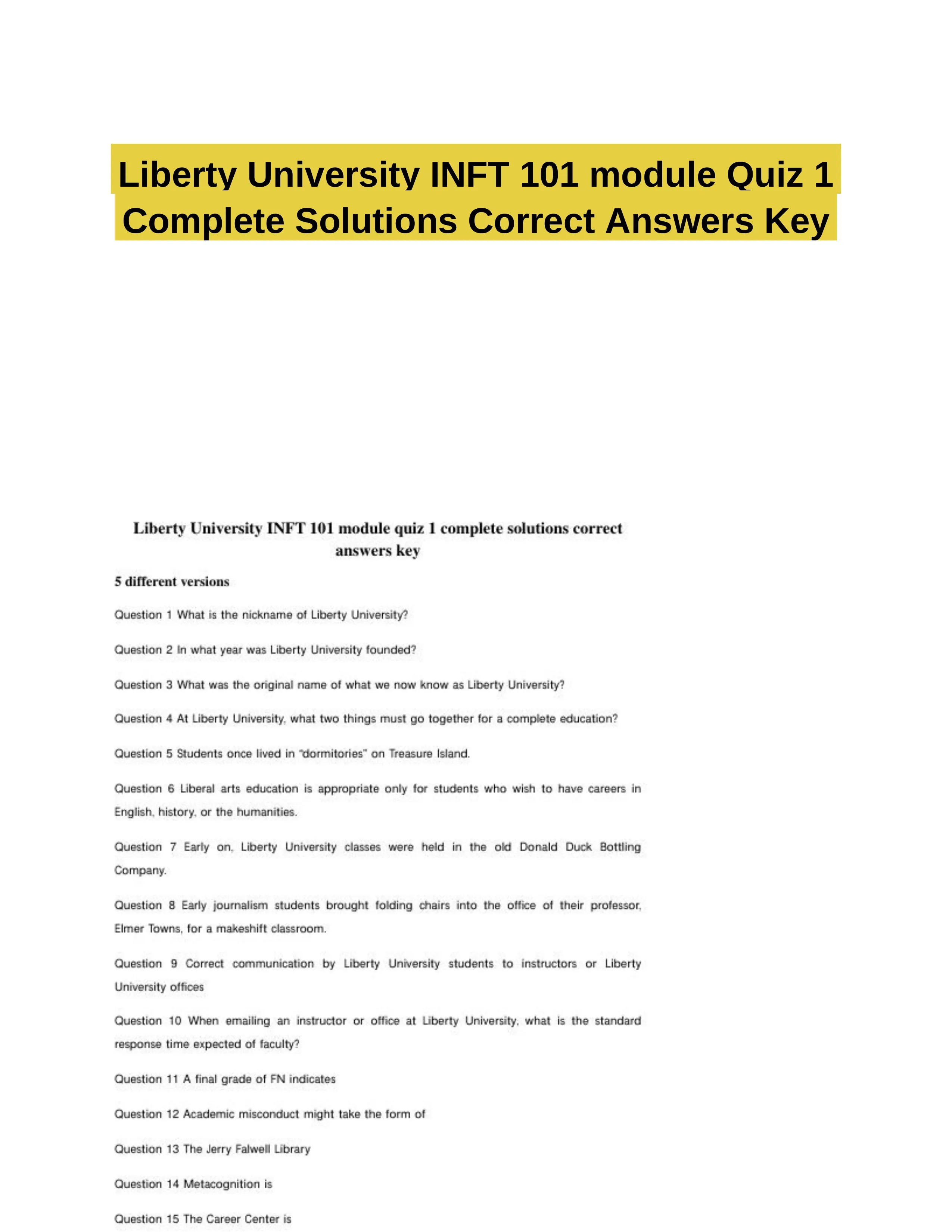 Liberty University INFT 101 module Quiz 1 Complete Solutions Correct Answers Key