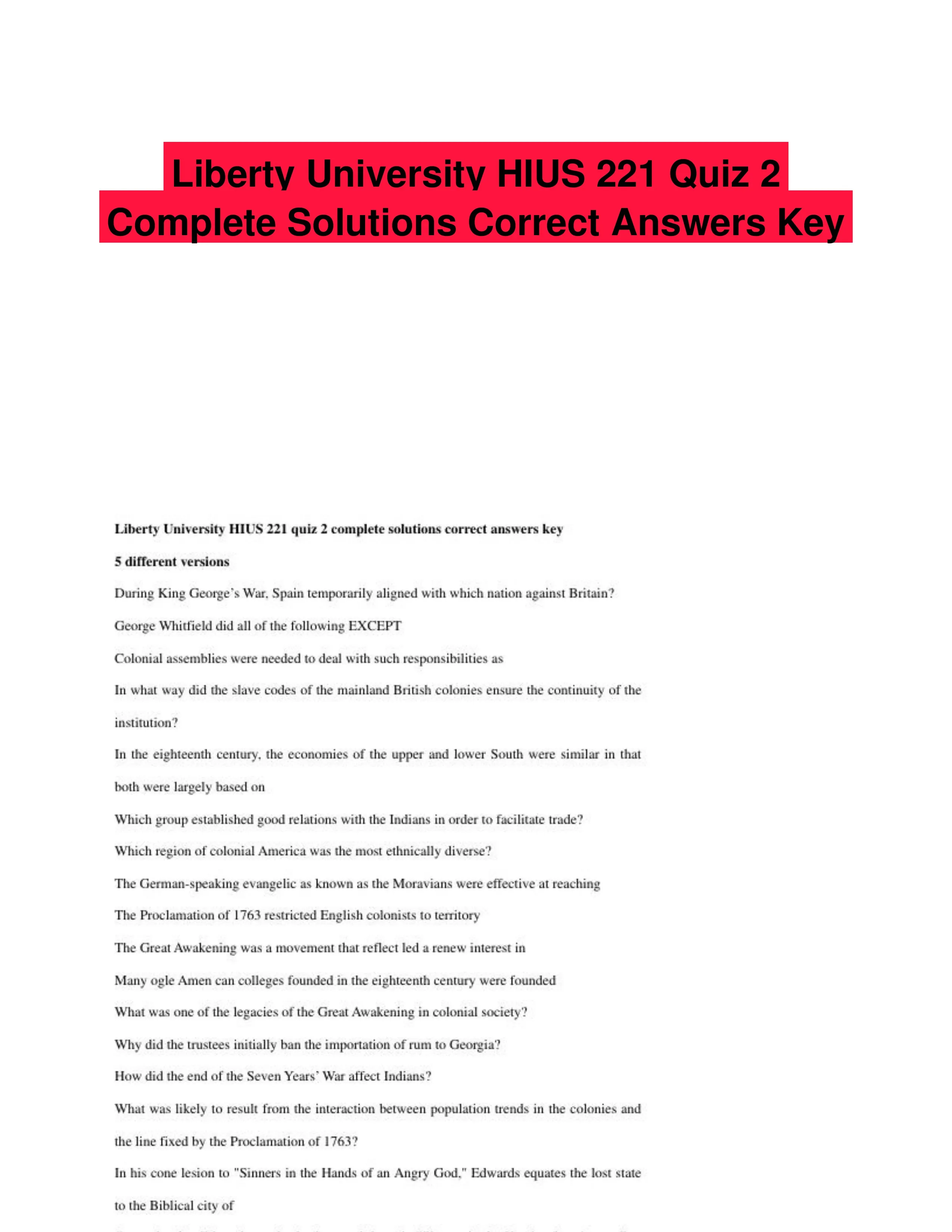 Liberty University HIUS 221 Quiz 2 Complete Solutions Correct Answers Key