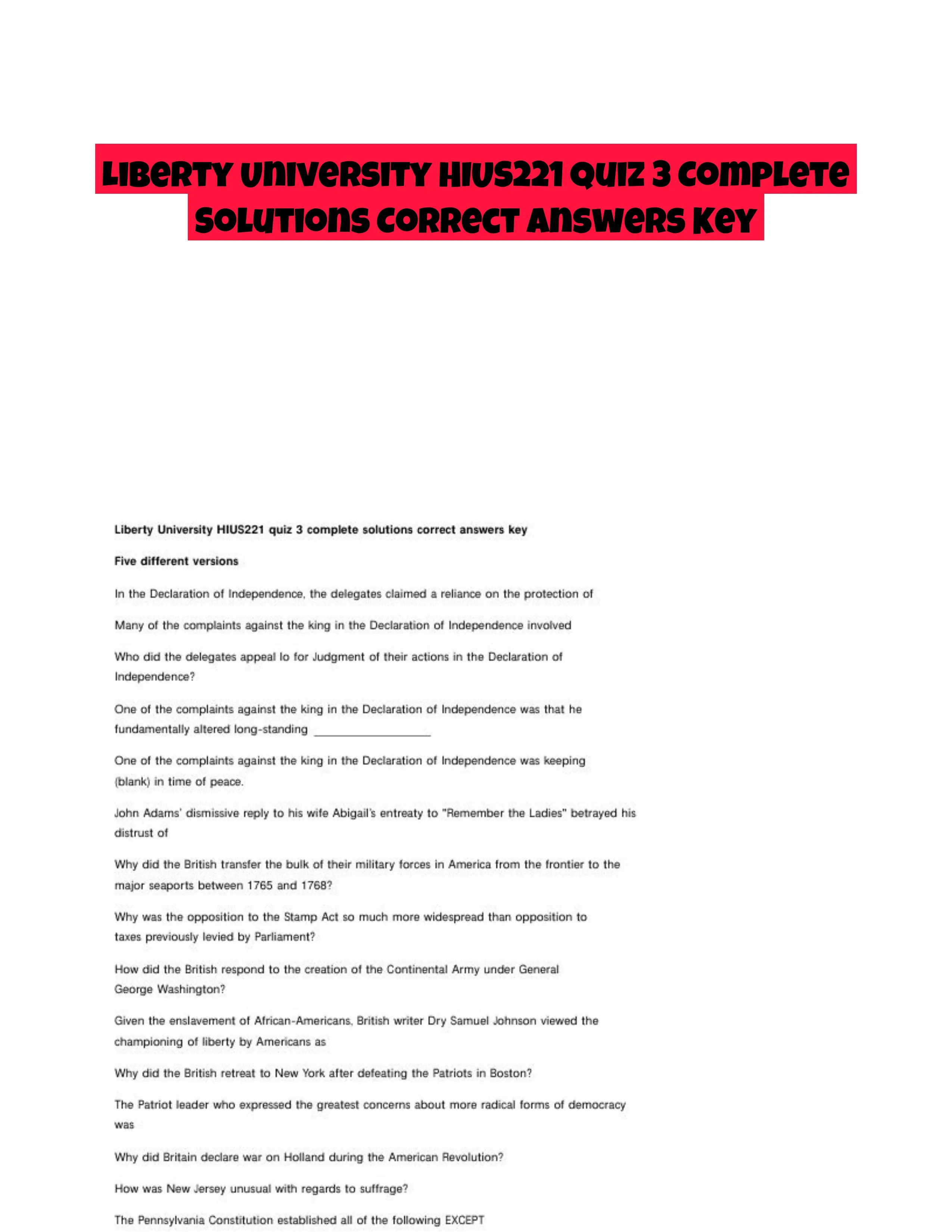 Liberty University HIUS221 Quiz 3 Complete Solutions Correct Answers Key