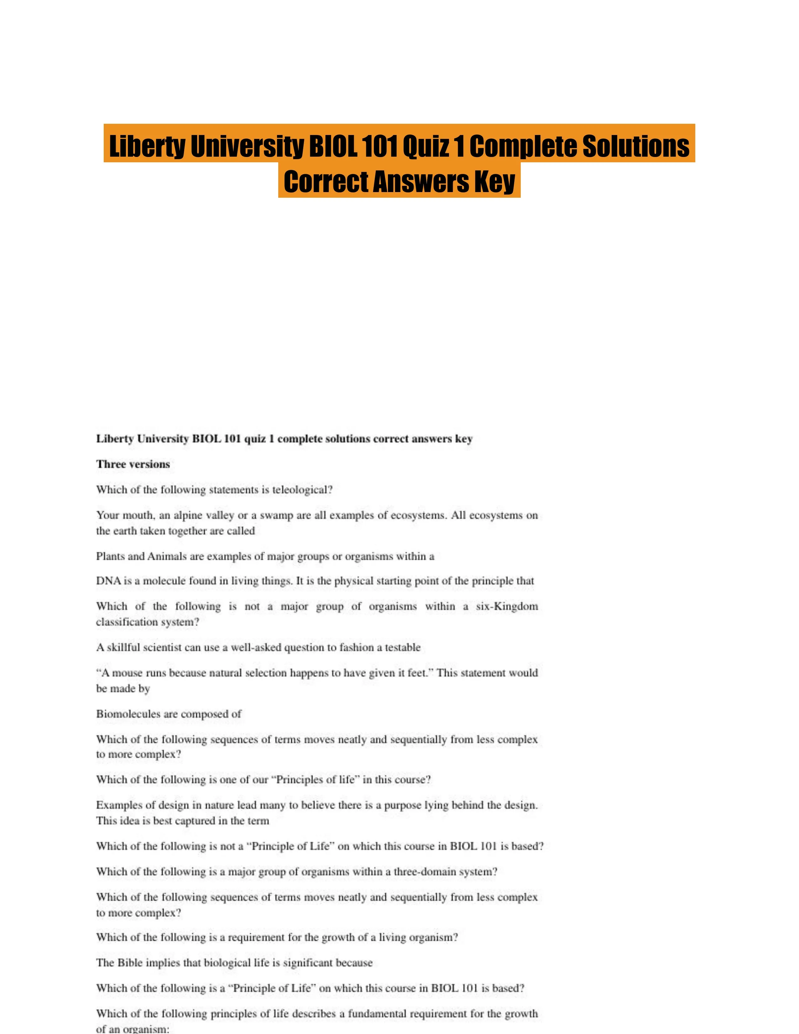 Liberty University BIOL 101 Quiz 1 Complete Solutions Correct Answers Key