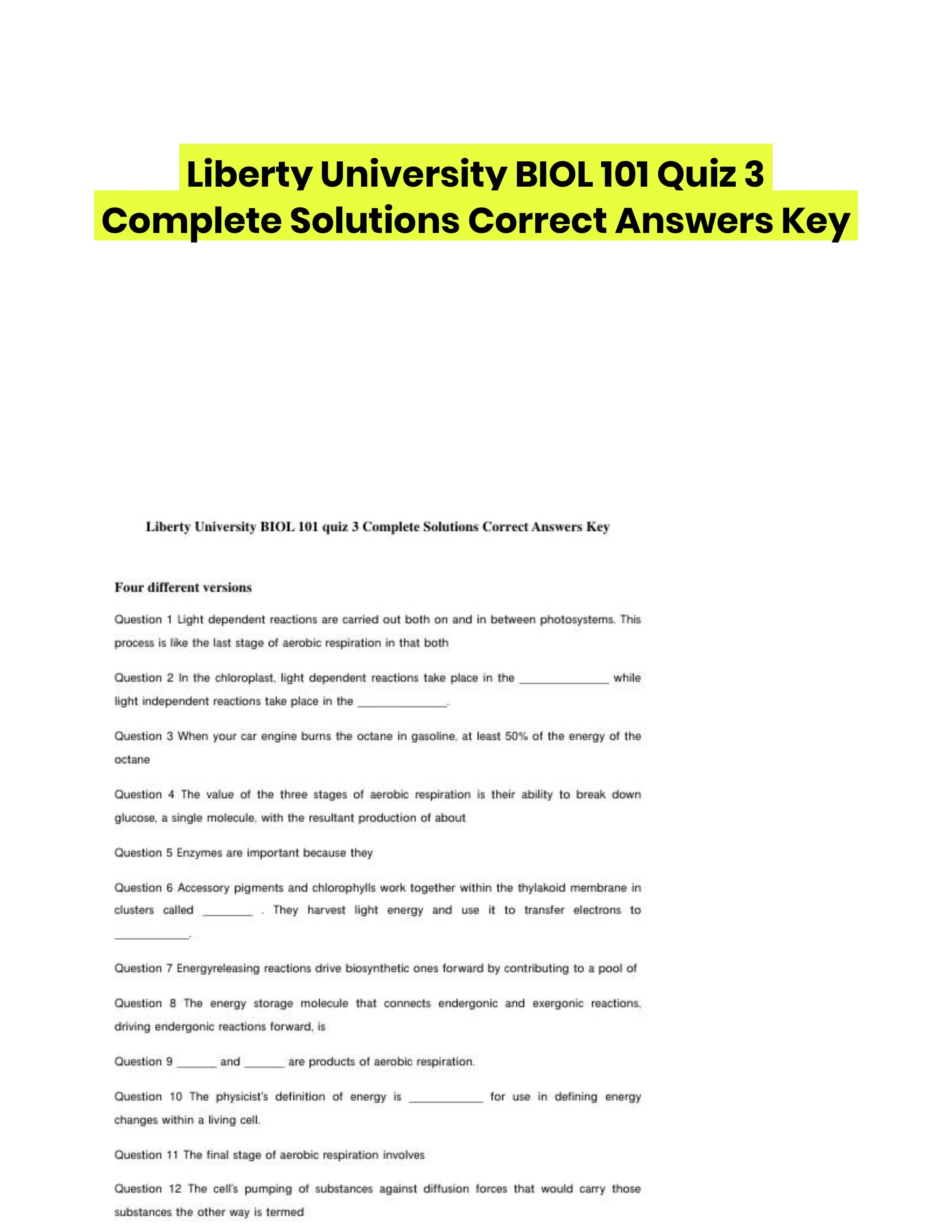 Liberty University BIOL 101 Quiz 3 Complete Solutions Correct Answers Key
