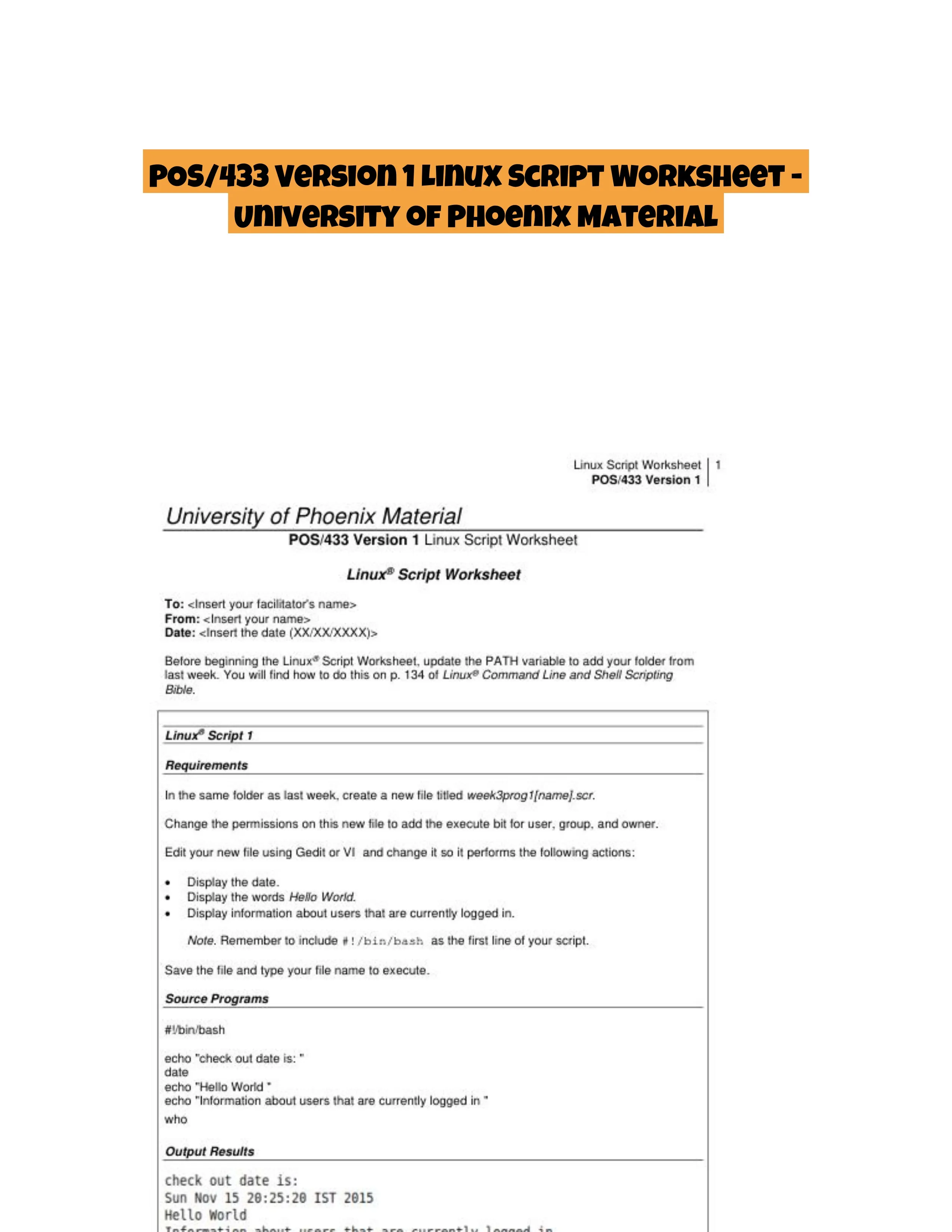 POS/433 Version 1 Linux Script Worksheet - University of Phoenix Material