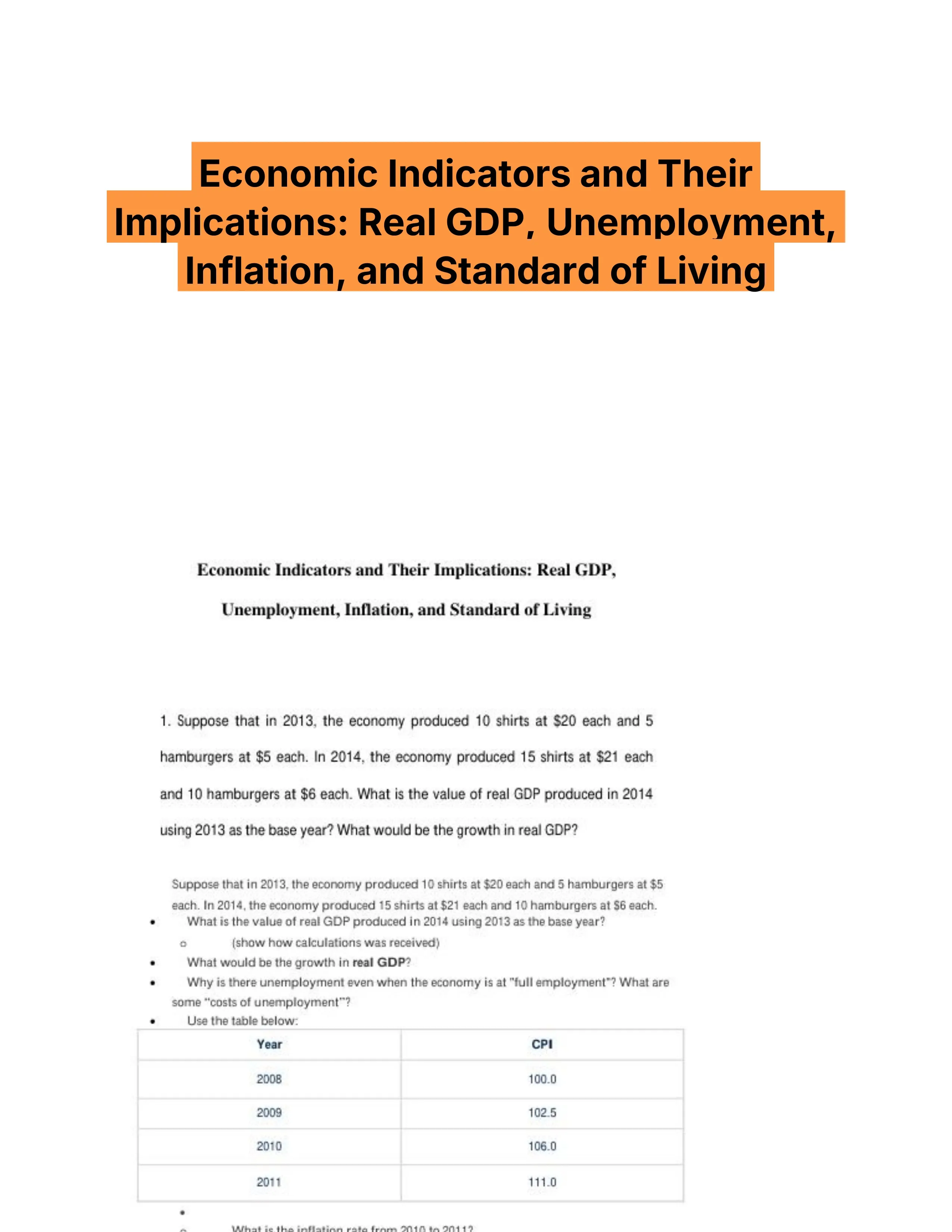 Economic Indicators and Their Implications: Real GDP, Unemployment, Inflation, and Standard of Living