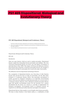 PSY 405 Dispositional, Biological and Evolutionary Theory