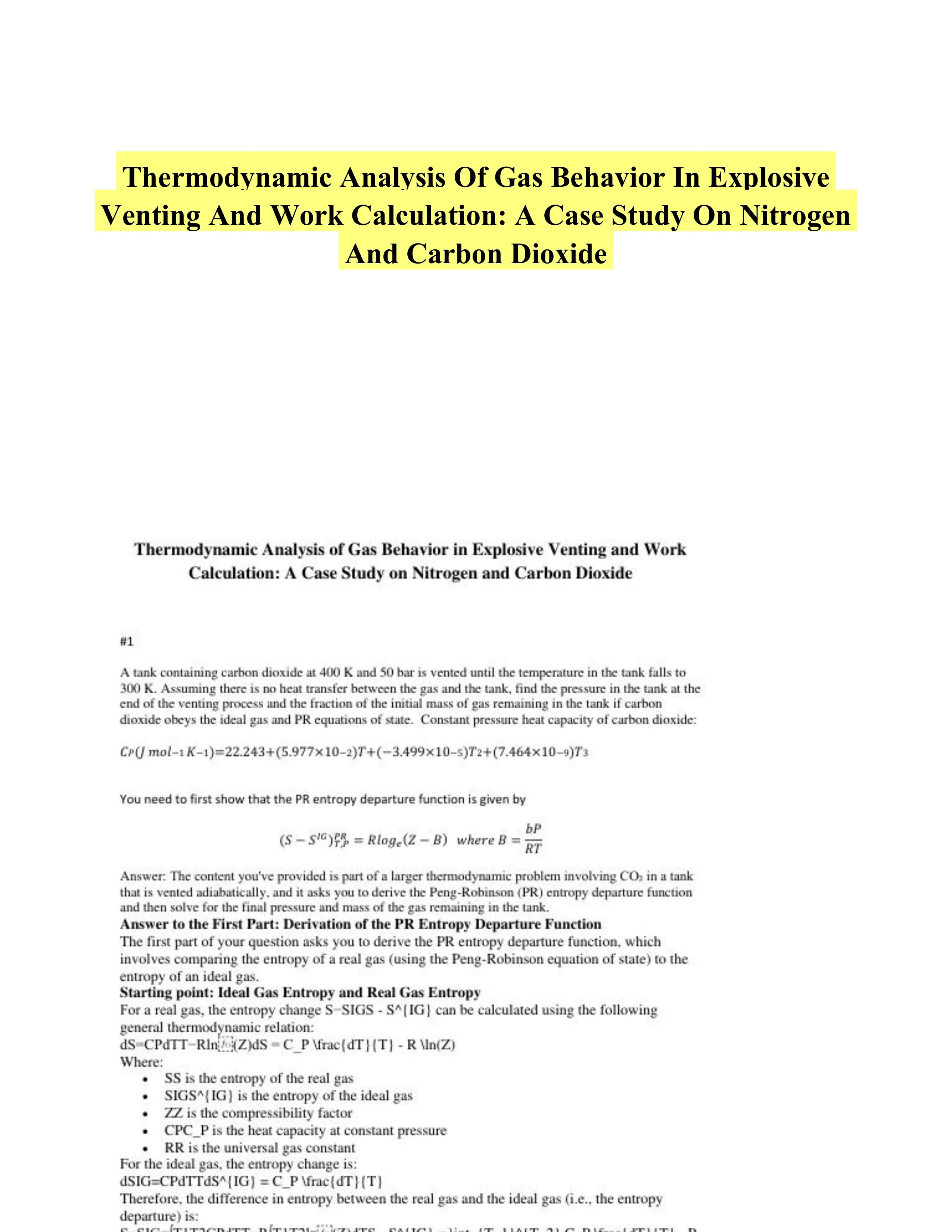 Thermodynamic Analysis Of Gas Behavior In Explosive Venting And Work Calculation: A Case Study On Nitrogen And Carbon Dioxide