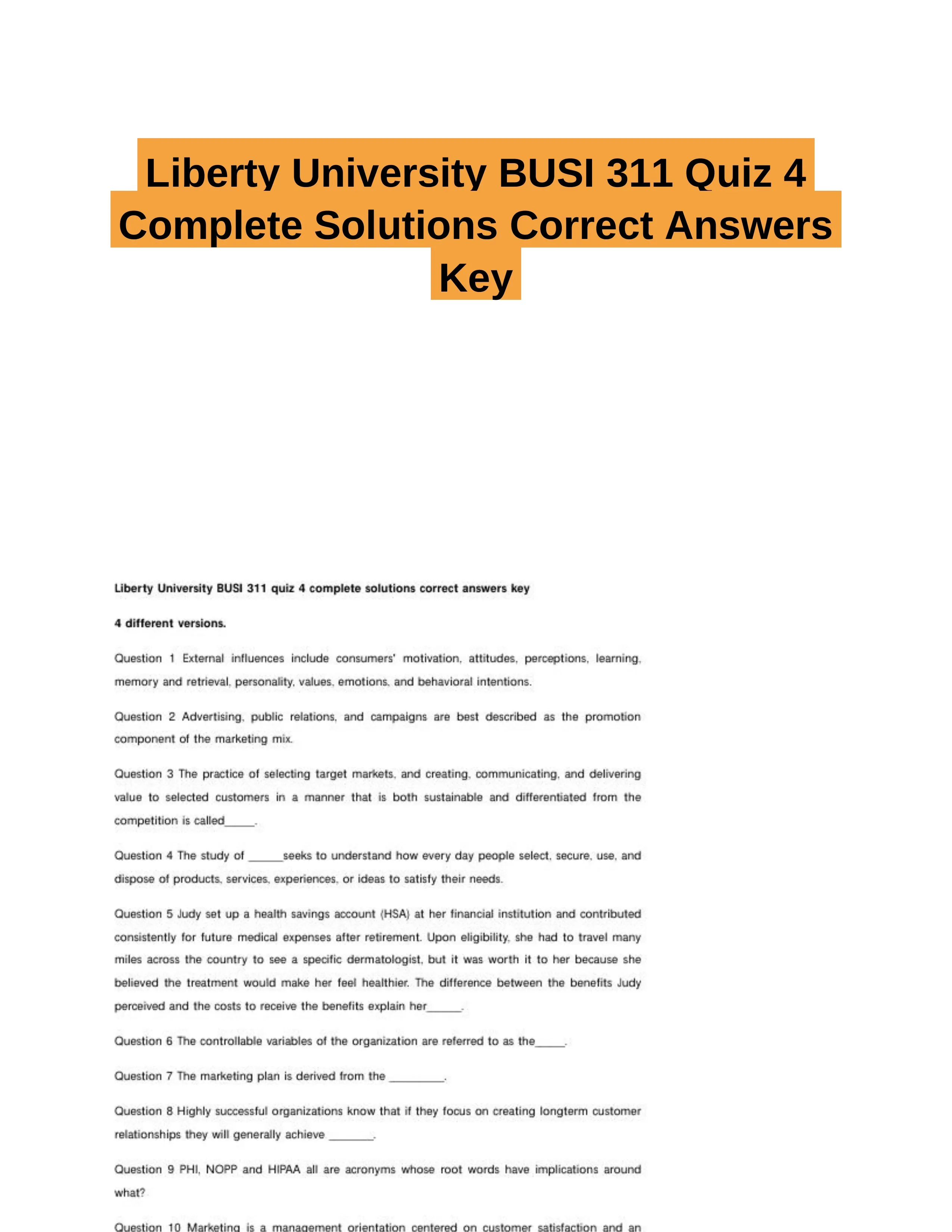 Liberty University BUSI 311 Quiz 4 Complete Solutions Correct Answers Key