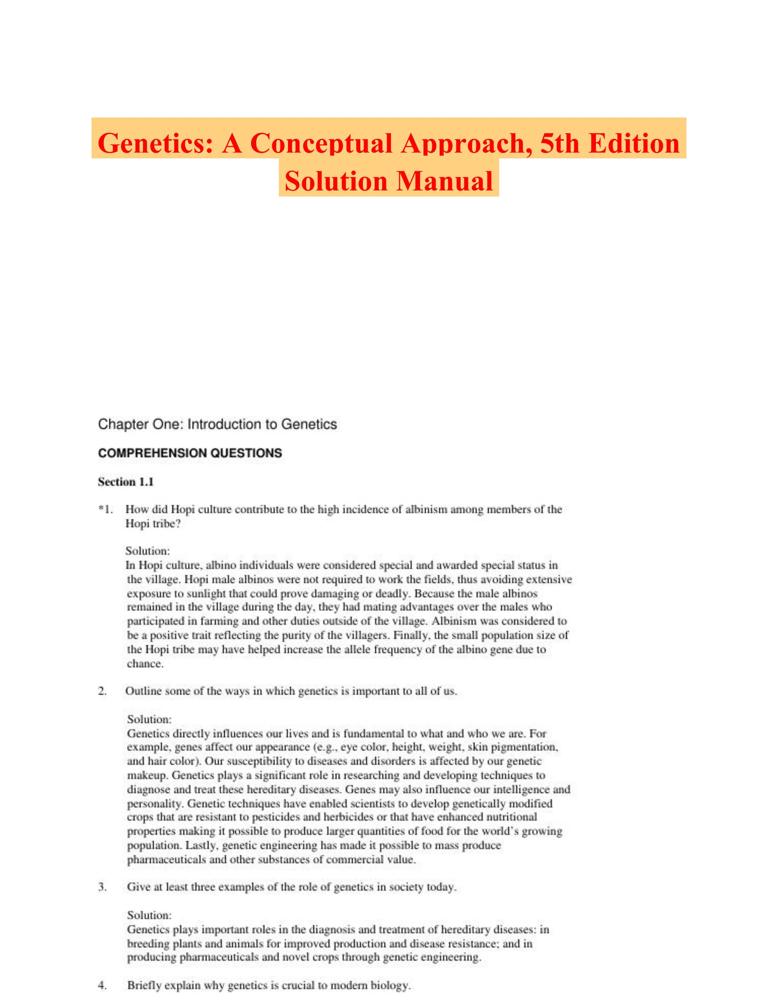 Genetics: A Conceptual Approach, 5th Edition Solution Manual