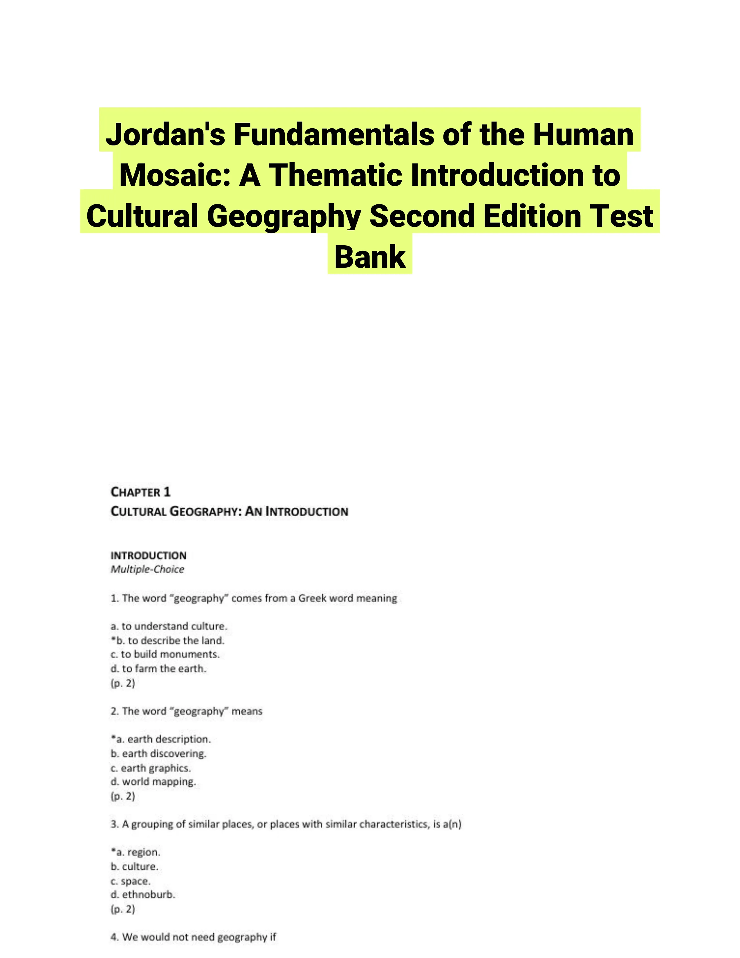 Jordan's Fundamentals of the Human Mosaic: A Thematic Introduction to Cultural Geography Second Edition Test Bank