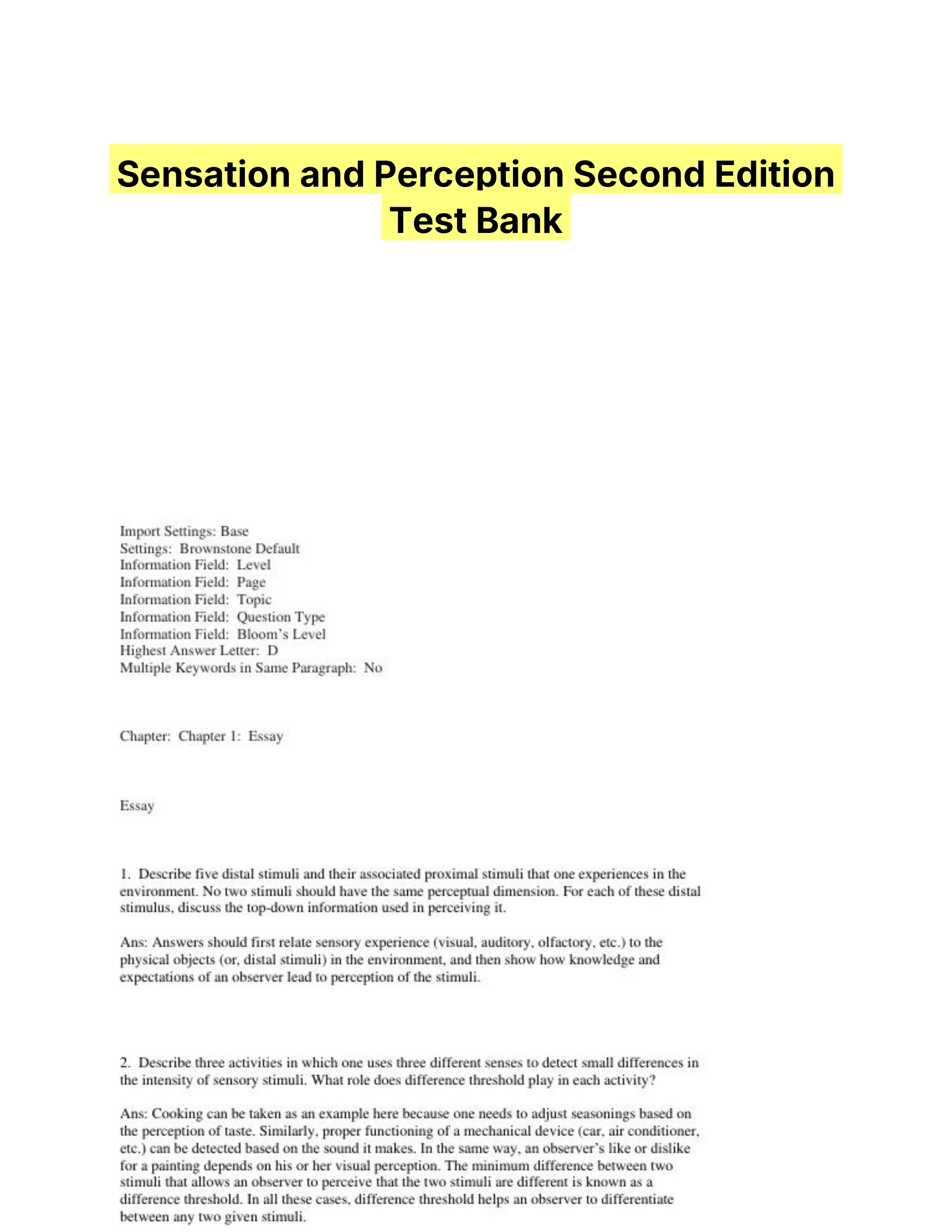 Sensation and Perception Second Edition Test Bank