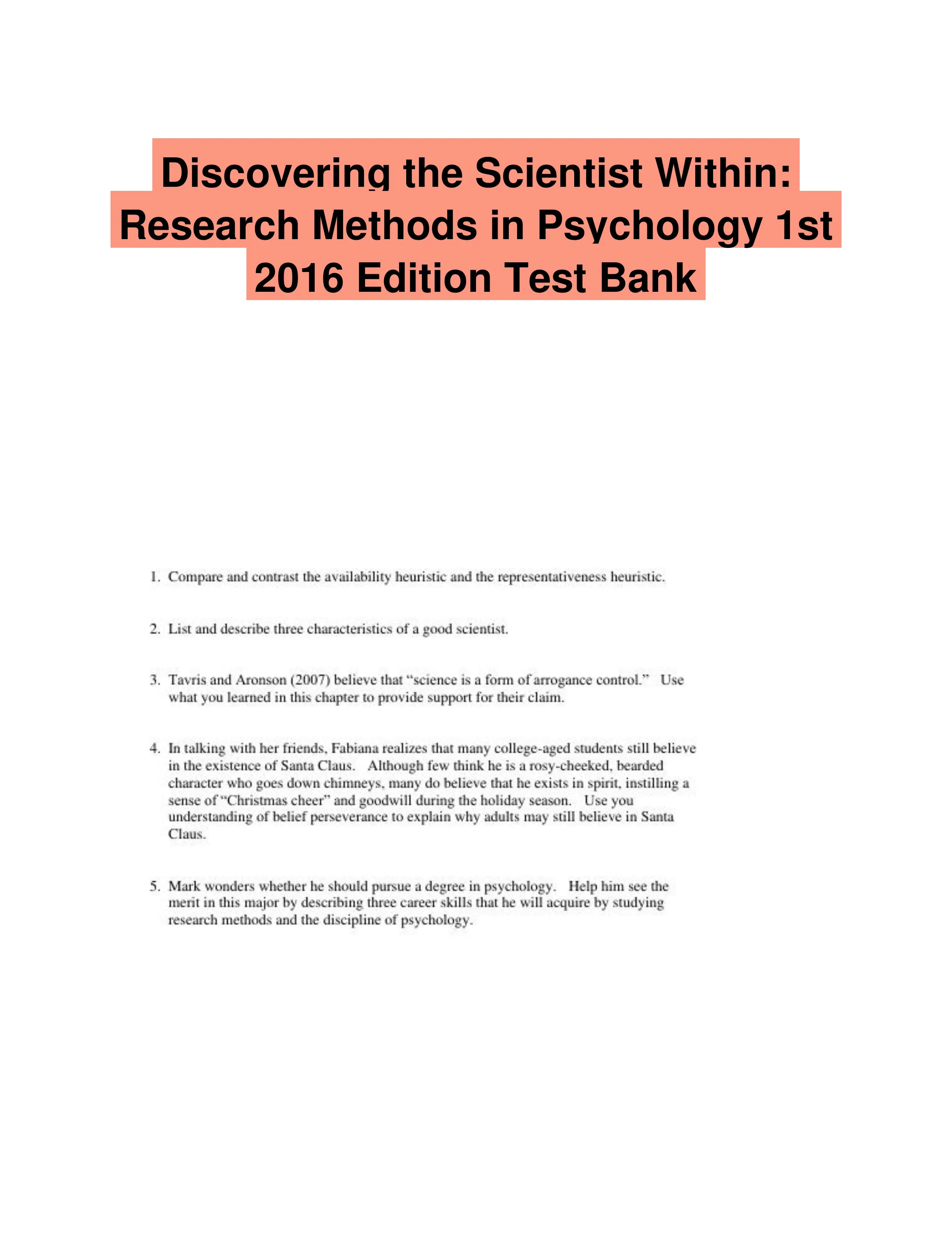 Discovering the Scientist Within: Research Methods in Psychology 1st 2016 Edition Test Bank