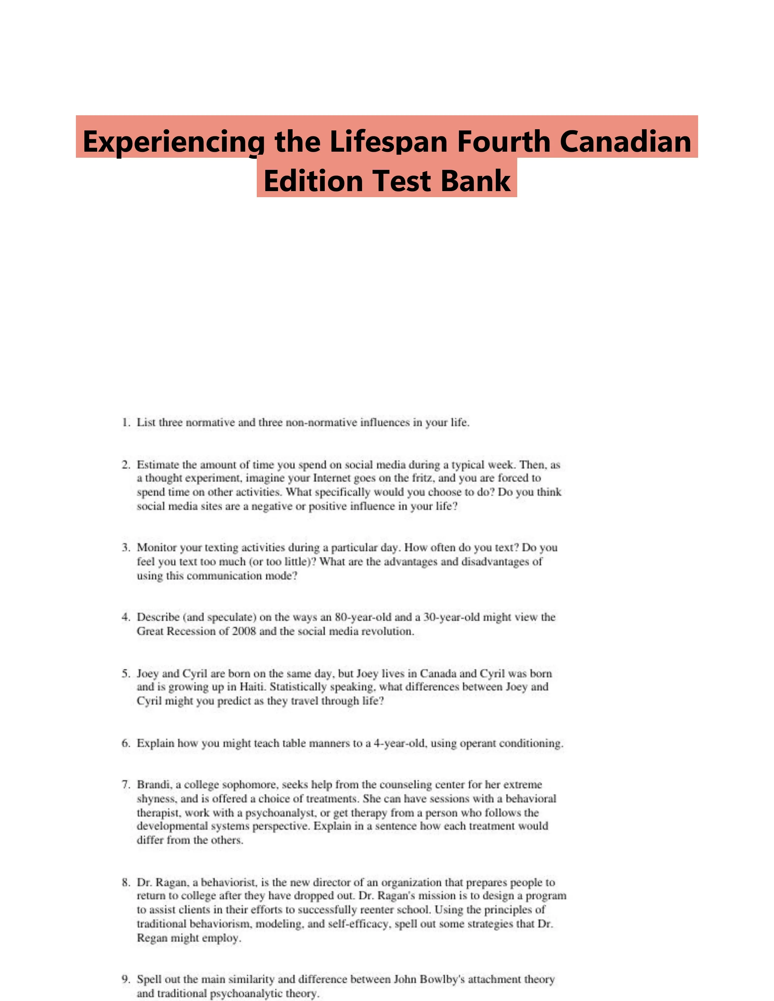 Experiencing the Lifespan Fourth Canadian Edition Test Bank