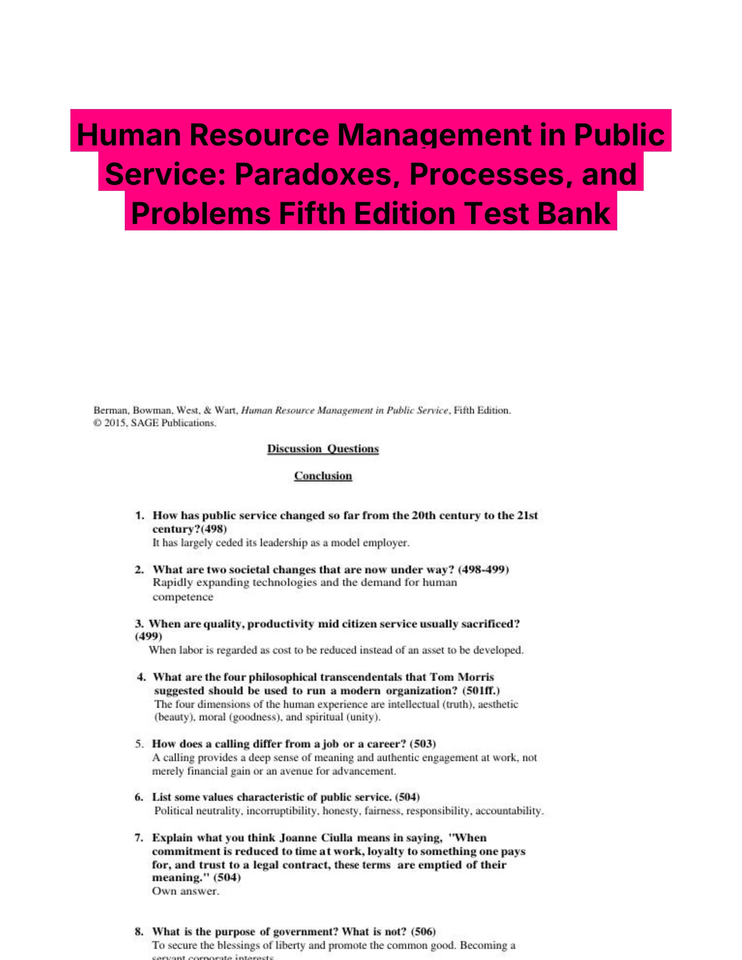 Human Resource Management in Public Service: Paradoxes, Processes, and Problems Fifth Edition Test Bank