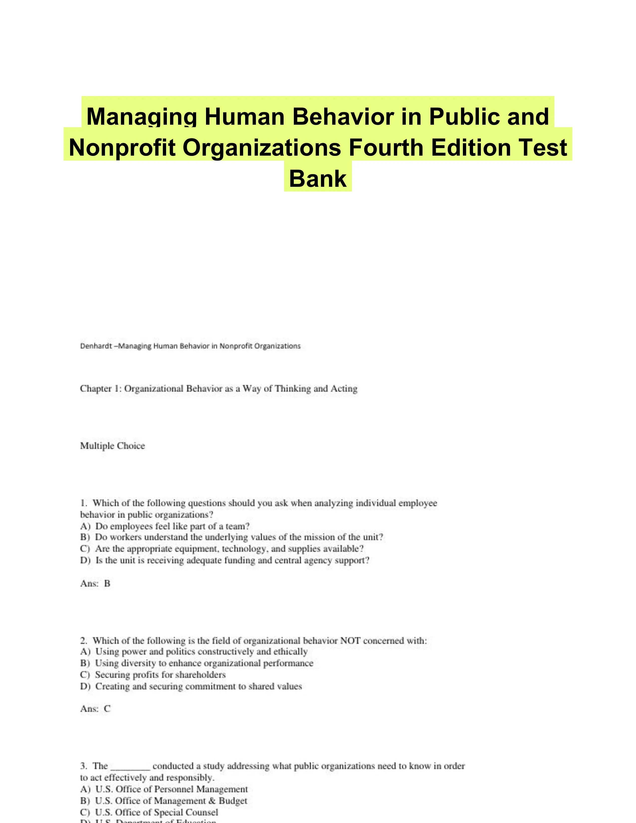 Managing Human Behavior in Public and Nonprofit Organizations Fourth Edition Test Bank