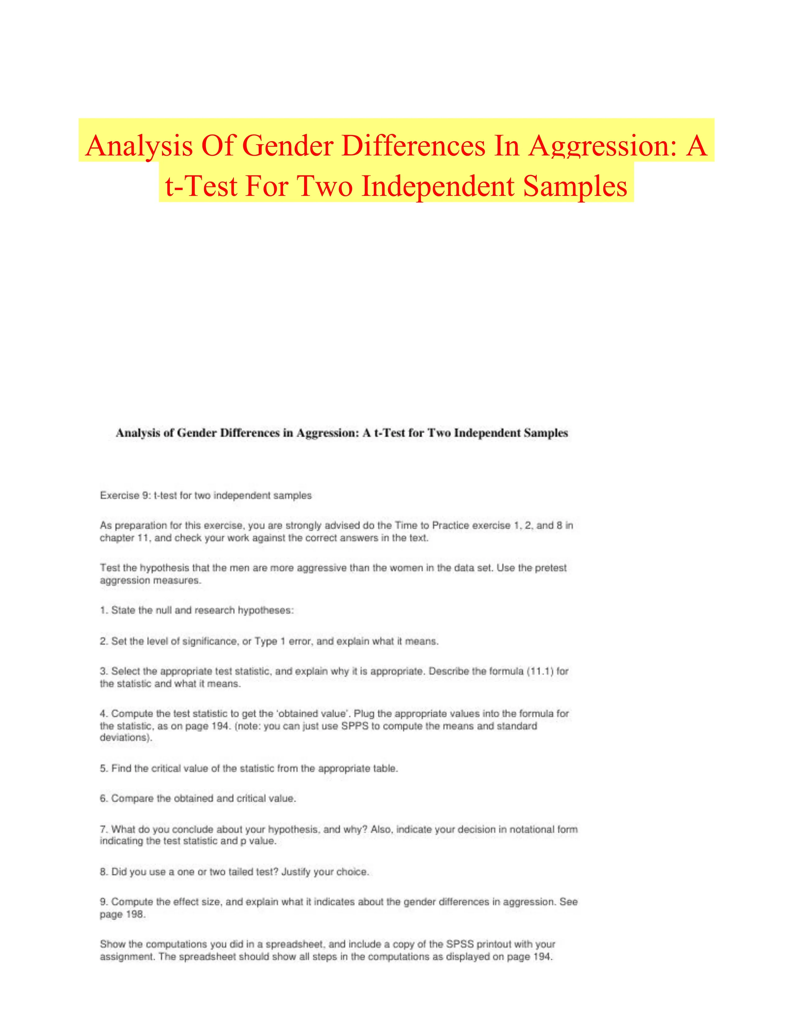 Analysis Of Gender Differences In Aggression: A t-Test For Two Independent Samples