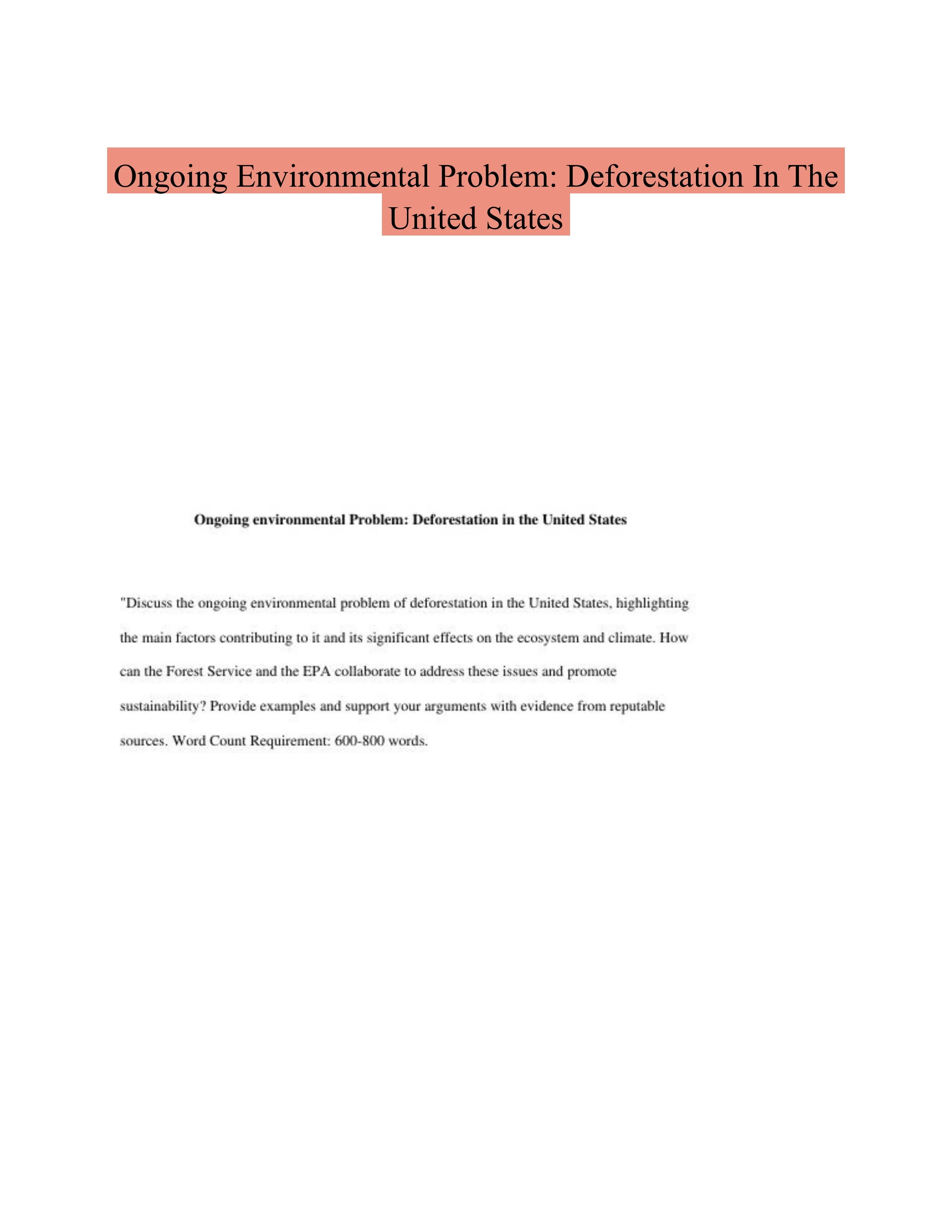 Ongoing Environmental Problem: Deforestation In The United States