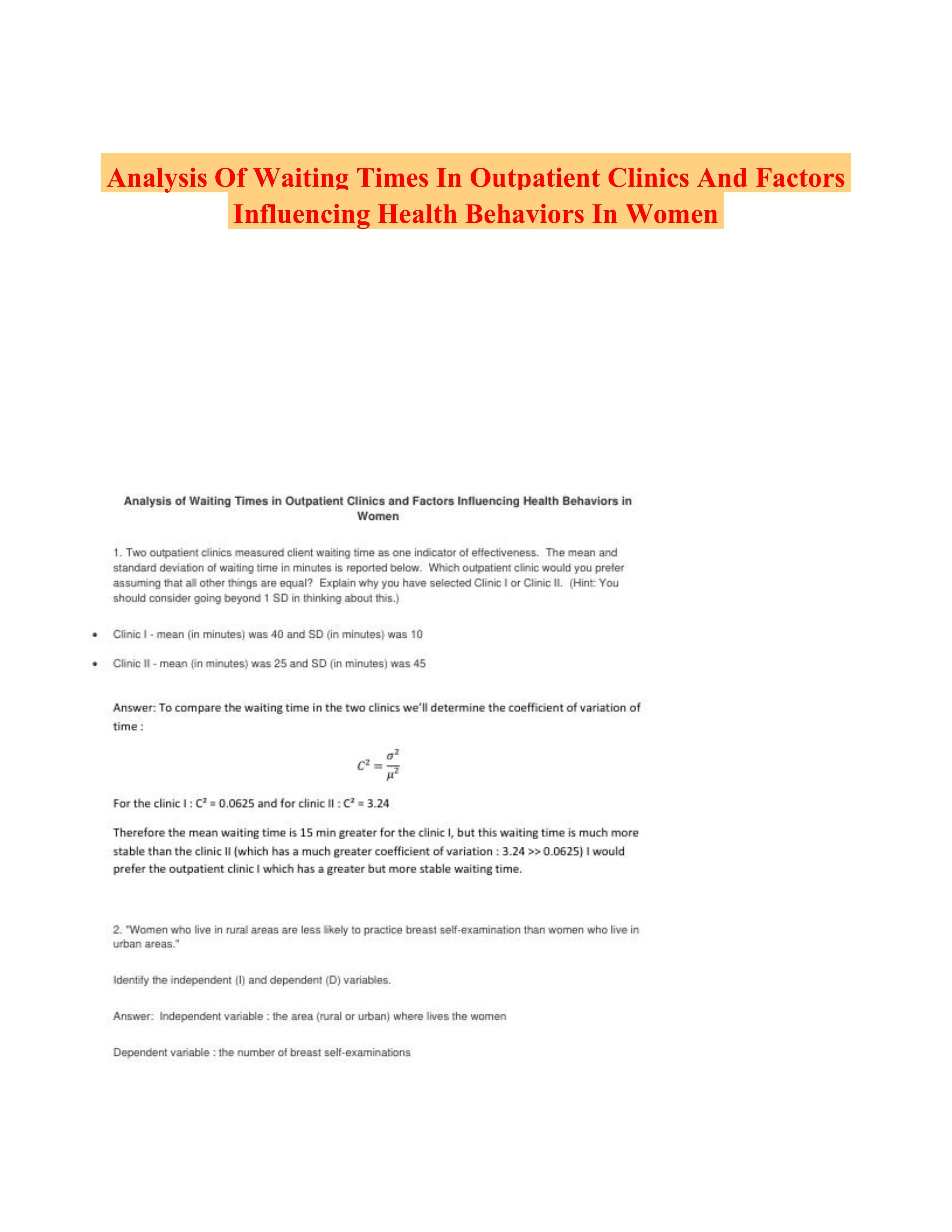 Analysis Of Waiting Times In Outpatient Clinics And Factors Influencing Health Behaviors In Women