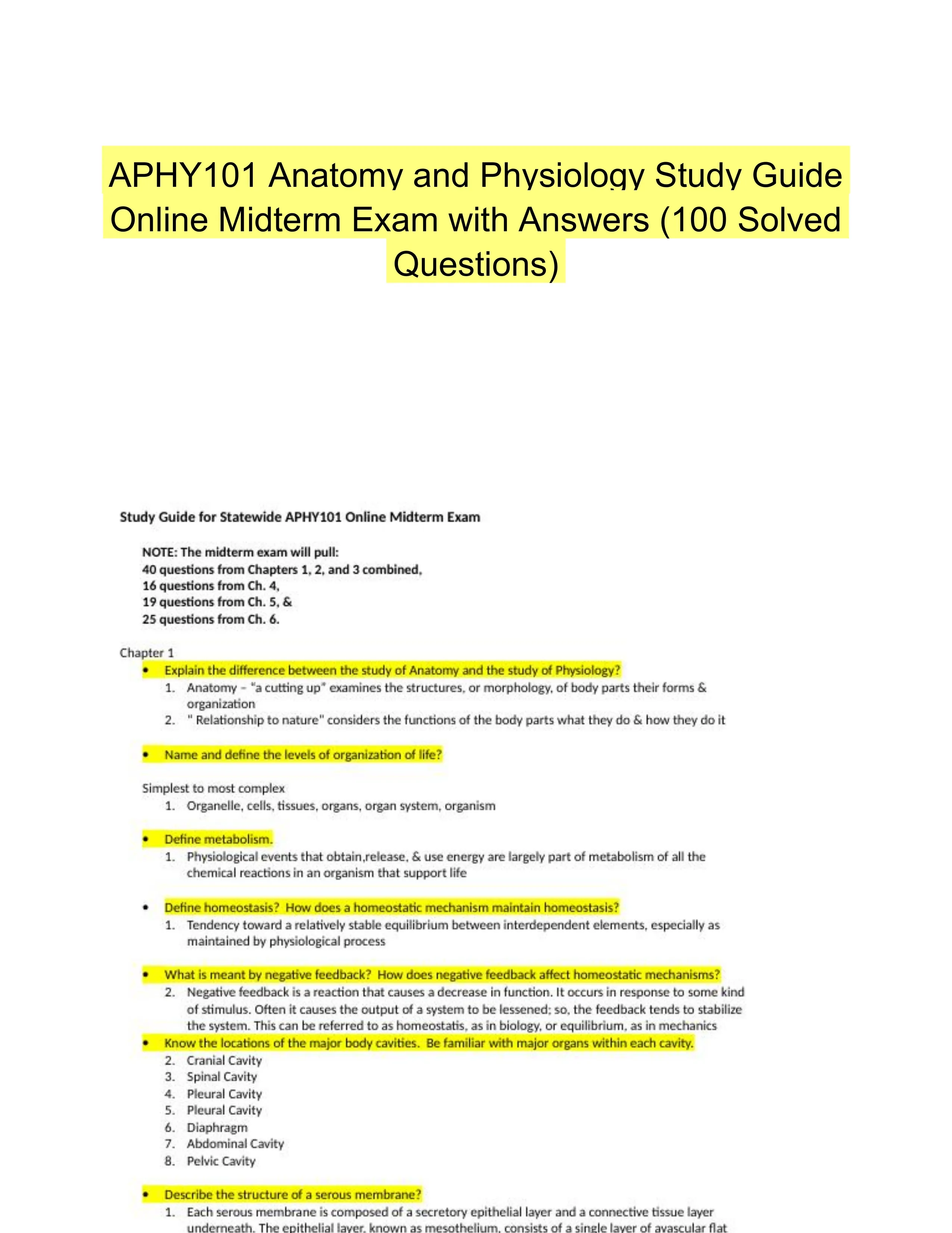 APHY101 Anatomy and Physiology Study Guide Online Midterm Exam with Answers (100 Solved Questions)