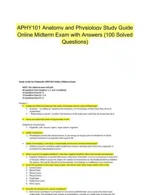 APHY101 Anatomy and Physiology Study Guide Online Midterm Exam with Answers (100 Solved Questions)