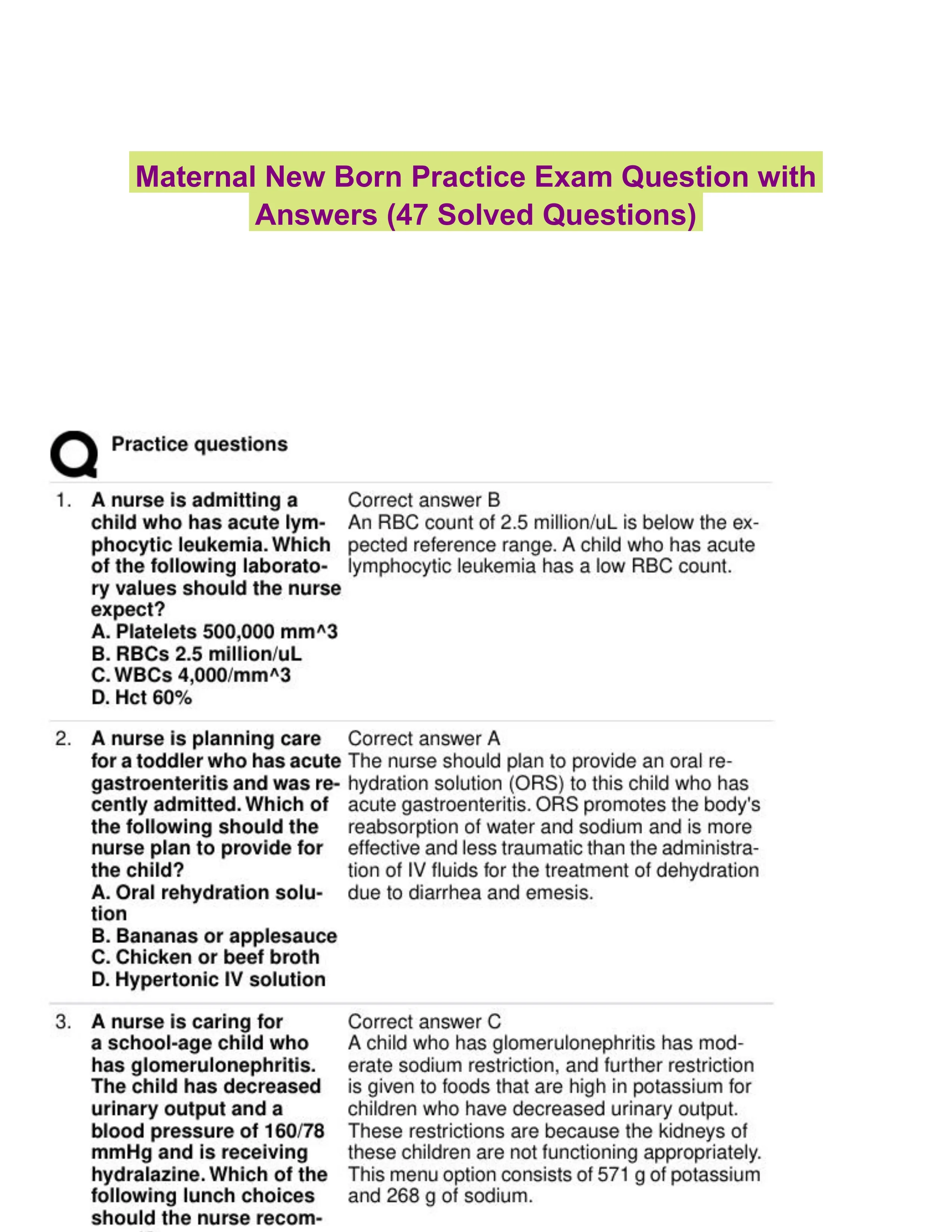 Maternal New Born Practice Exam Question with Answers (47 Solved Questions)