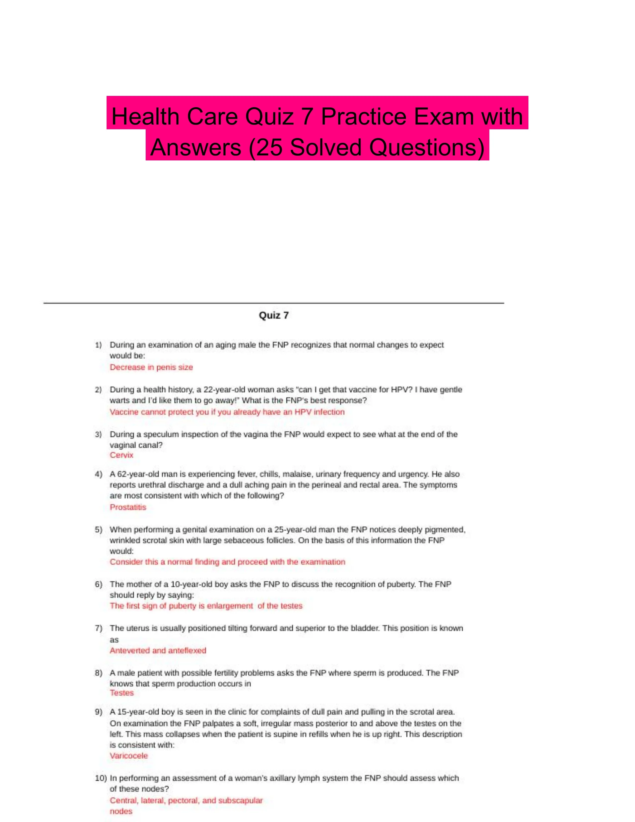 Health Care Quiz 7 Practice Exam with Answers (25 Solved Questions)