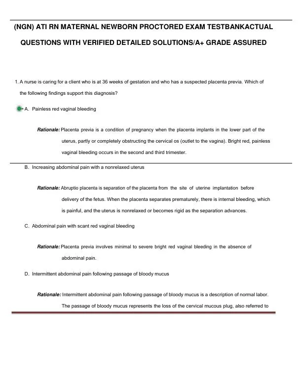 ATI RN Maternal Newborn NGN Proctored Exam with Answers (250 Solved Questions)