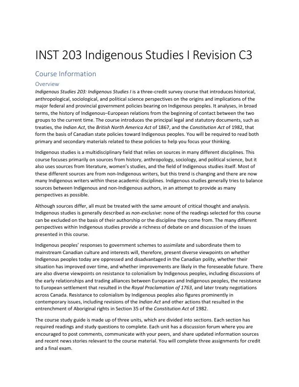 INST 203 Indigenous Studies 1 Revision C3 (1 Solved Case)