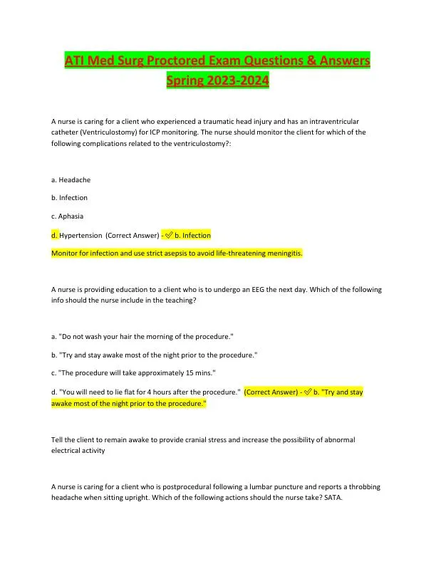 2023-2024 ATI Med Surg Proctored Exam with Answers (61 Solved Questions)