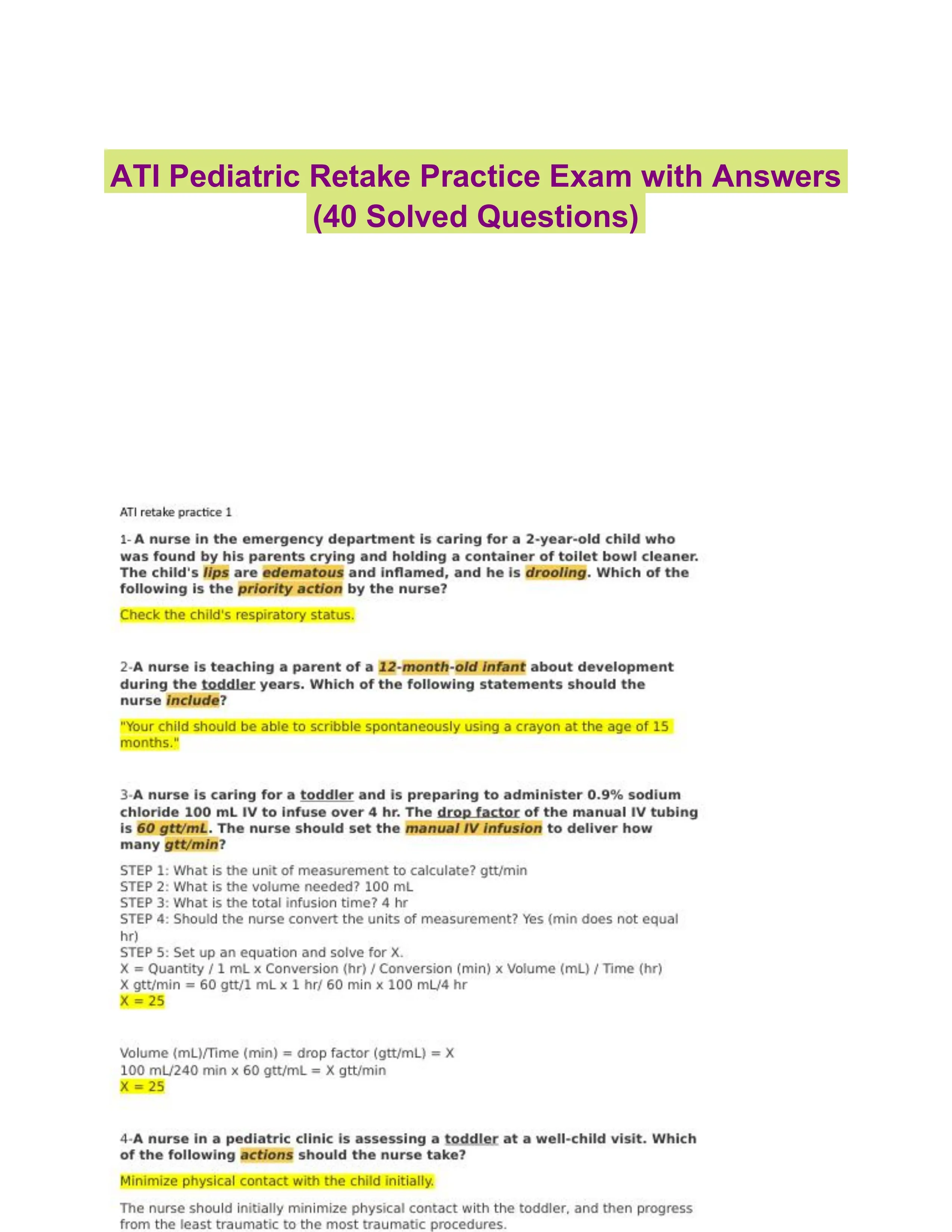ATI Pediatric Retake Practice Exam with Answers (40 Solved Questions)